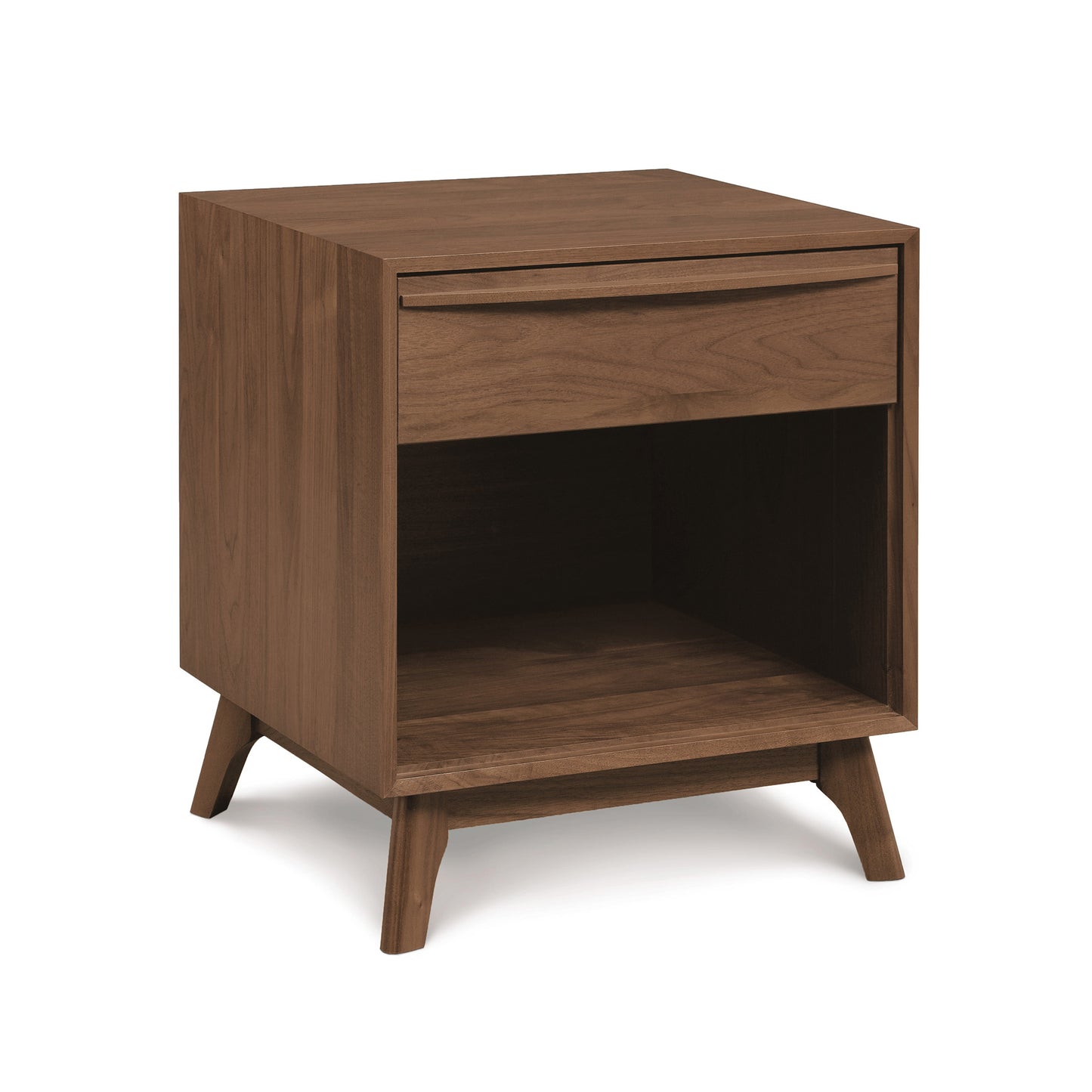 Catalina 1-Drawer Enclosed Shelf Nightstand by Copeland Furniture, showcasing modern design with angled legs and solid wood craftsmanship.