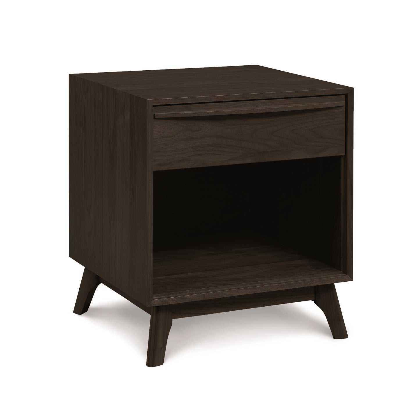 Catalina 1-Drawer Enclosed Shelf Nightstand by Copeland Furniture, featuring a sleek dark wood finish and distinctive angled legs, perfect for a modern bedroom.