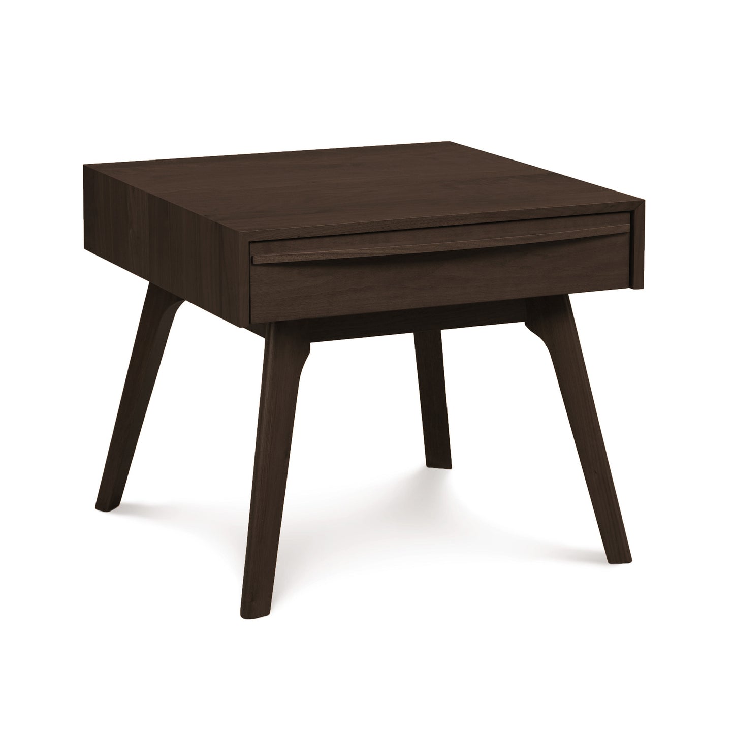 Catalina 1-Drawer Nightstand by Copeland Furniture showcasing solid, sustainably harvested dark wood with a square top and four angled legs.