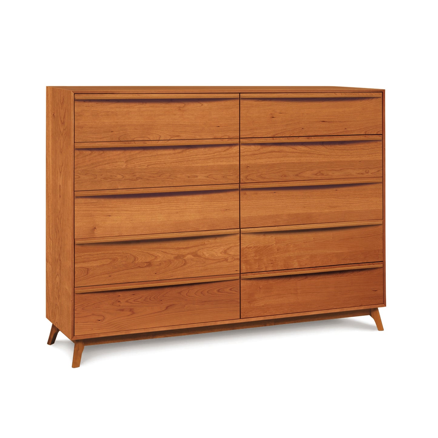 Catalina 10-Drawer Dresser by Copeland Furniture with a natural wood finish and angled legs, showcasing mid-century modern design.