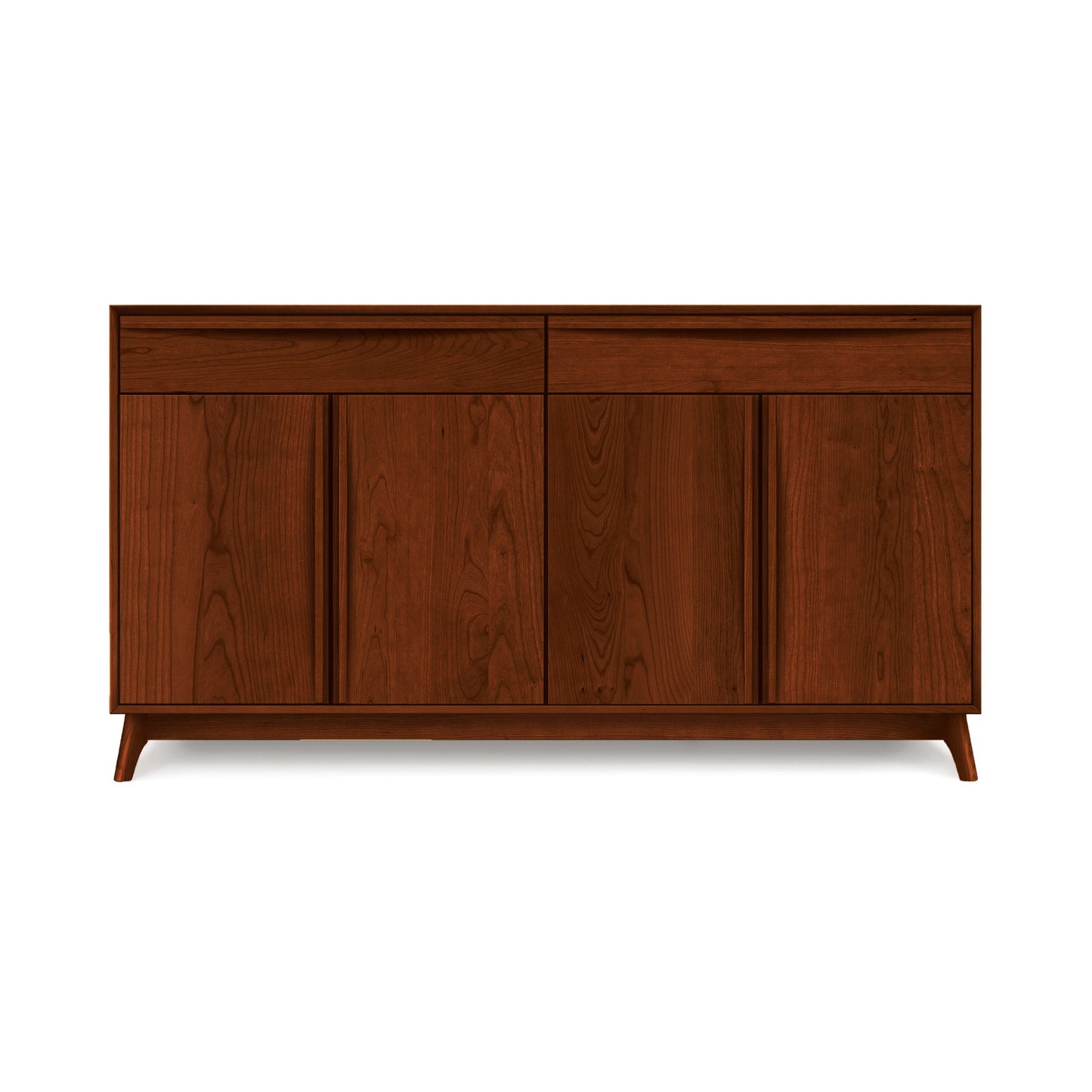 A handcrafted Copeland Furniture Catalina 2-Drawers, 4-Door Buffet, a solid wood dining furniture piece with closed doors on a plain background.