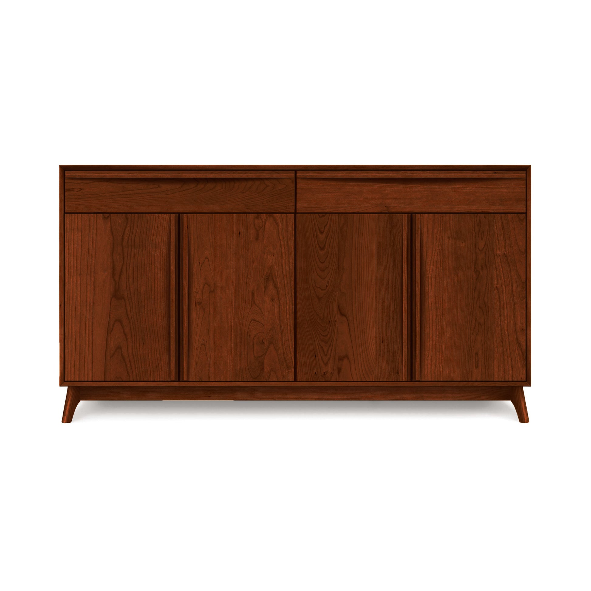A handcrafted Copeland Furniture Catalina 2-Drawers, 4-Door Buffet, a solid wood dining furniture piece with closed doors on a plain background.