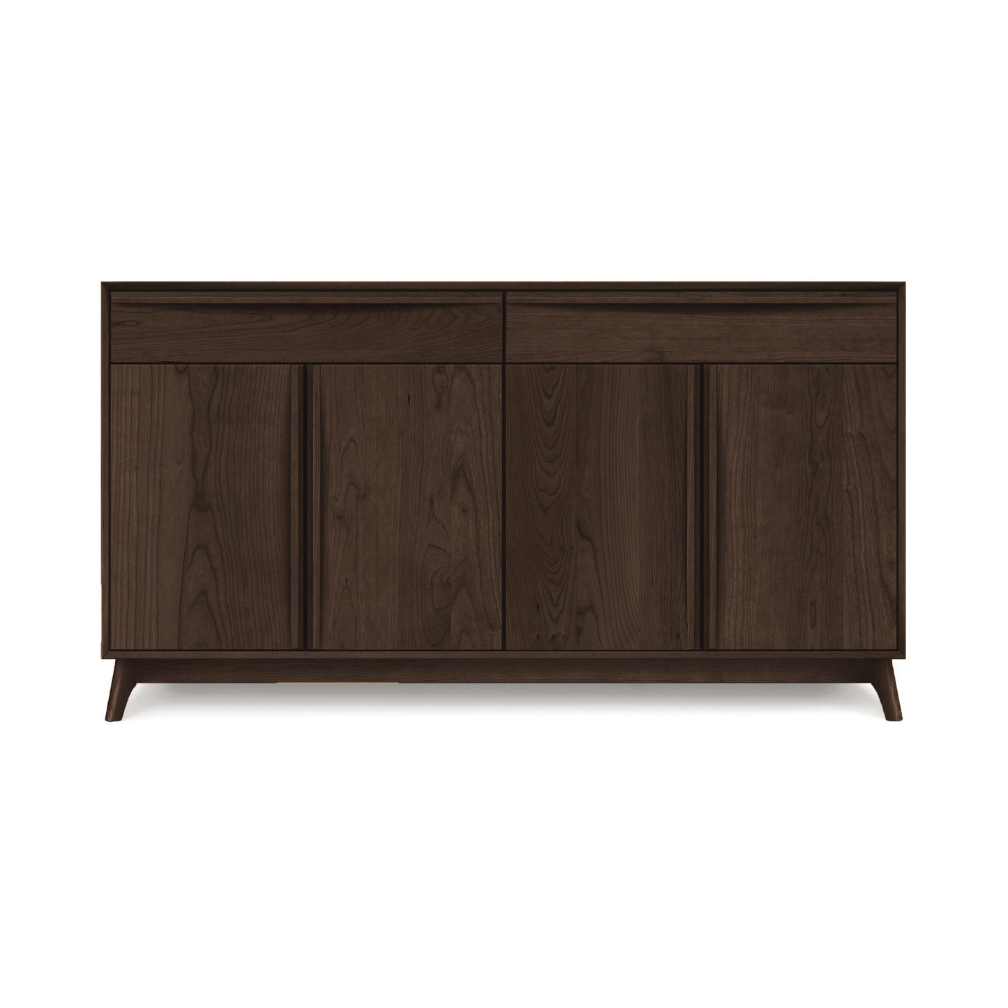 A handcrafted in Vermont Copeland Furniture Catalina 2-Drawers, 4-Door Buffet, a solid wood dining furniture piece with two compartments and a dark finish, standing on angled legs.