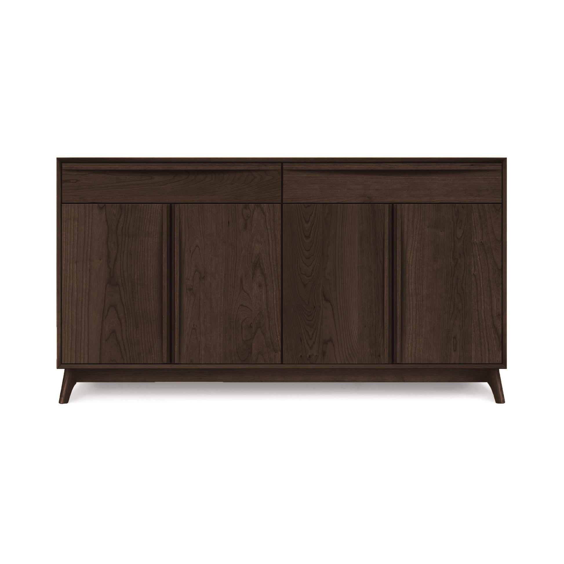 A handcrafted in Vermont Copeland Furniture Catalina 2-Drawers, 4-Door Buffet, a solid wood dining furniture piece with two compartments and a dark finish, standing on angled legs.