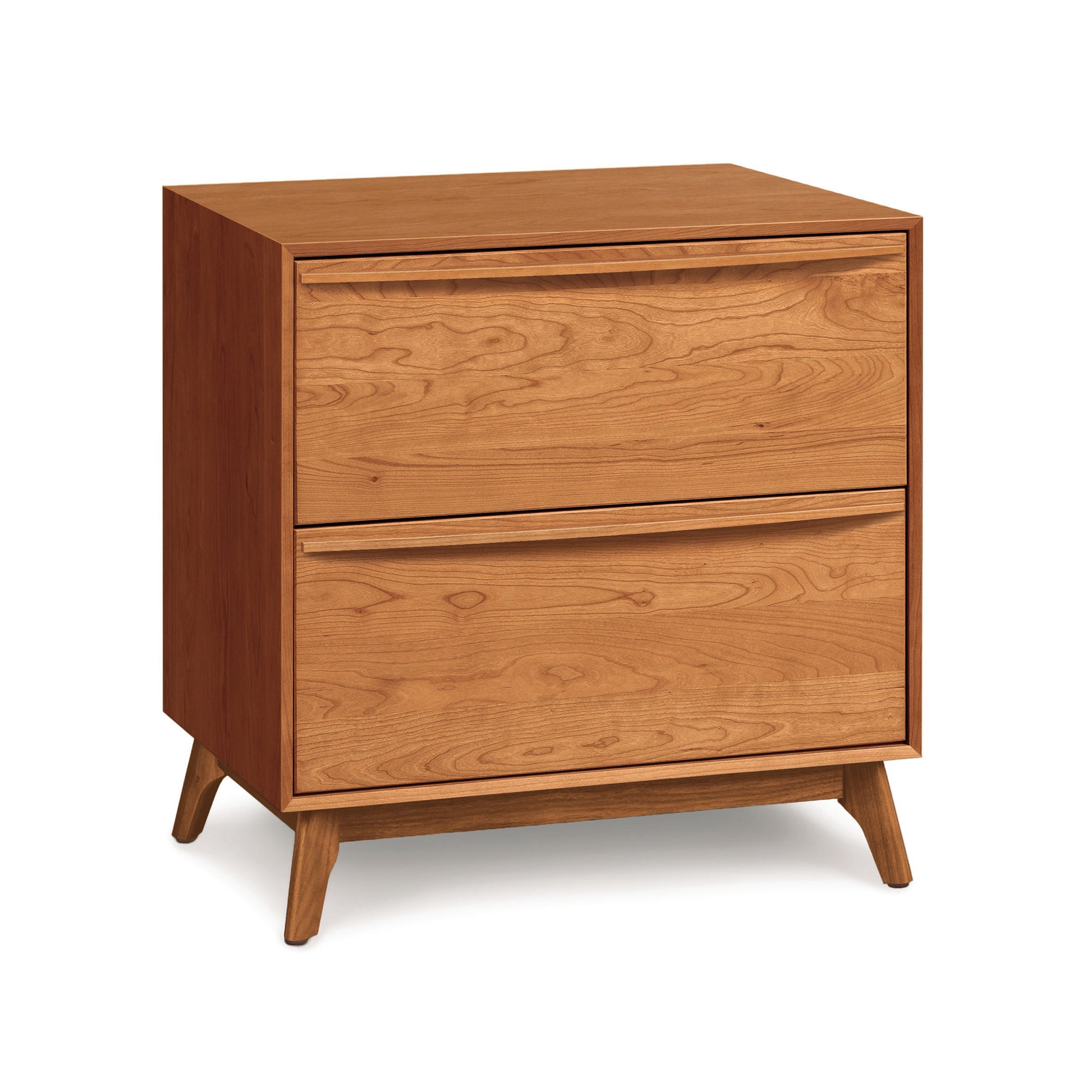 A Copeland Furniture Catalina 2-Drawer Nightstand made from solid natural hardwoods, with angled legs on a white background.