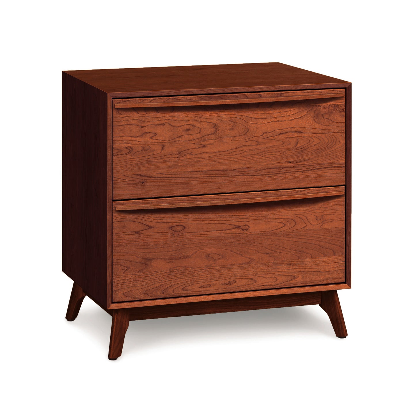 A Copeland Furniture Catalina 2-Drawer Nightstand crafted from solid natural hardwoods, featuring angled legs isolated against a white background.