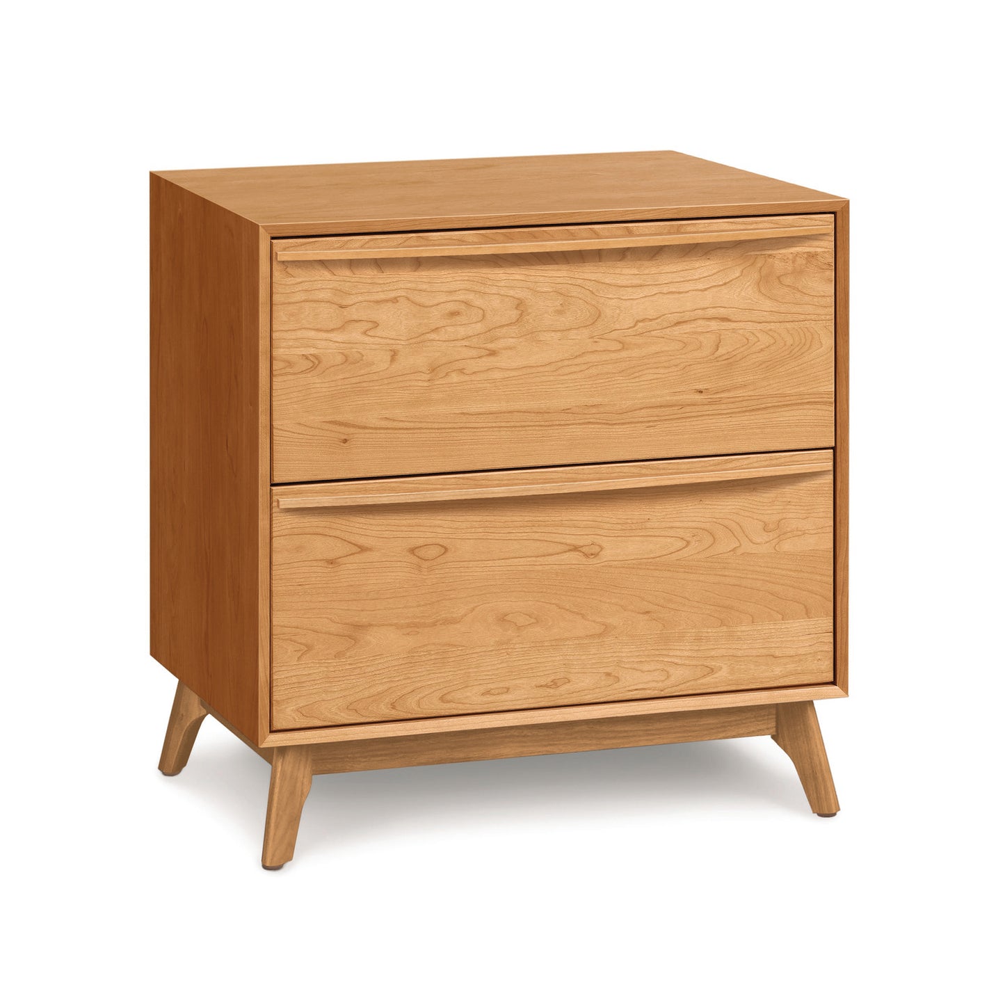 Catalina 2-Drawer Nightstand by Copeland Furniture featuring a light finish, sustainable wood, two drawers, and four tapered legs.