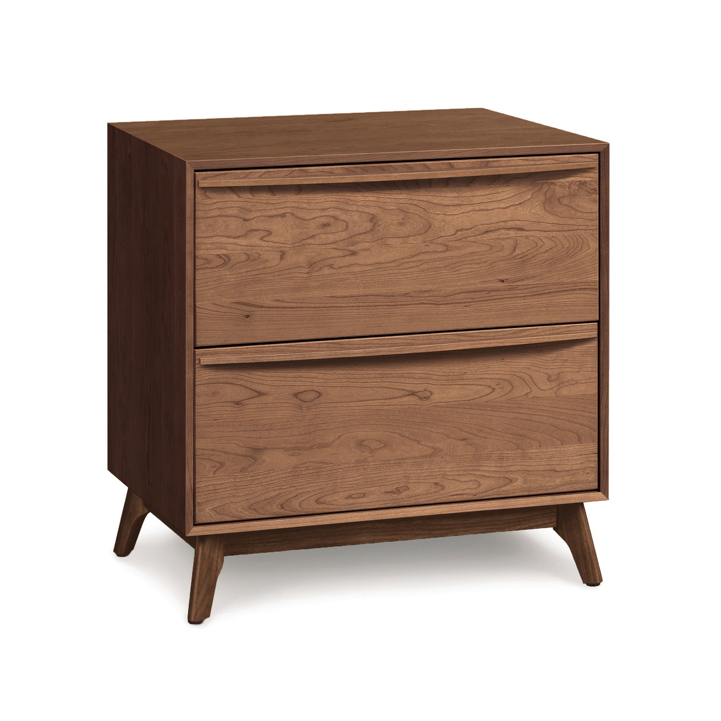 Sentence using the given product name and brand name: A contemporary style Copeland Furniture Catalina 2-Drawer Nightstand, crafted from solid natural hardwoods with angled legs, isolated against a white background.