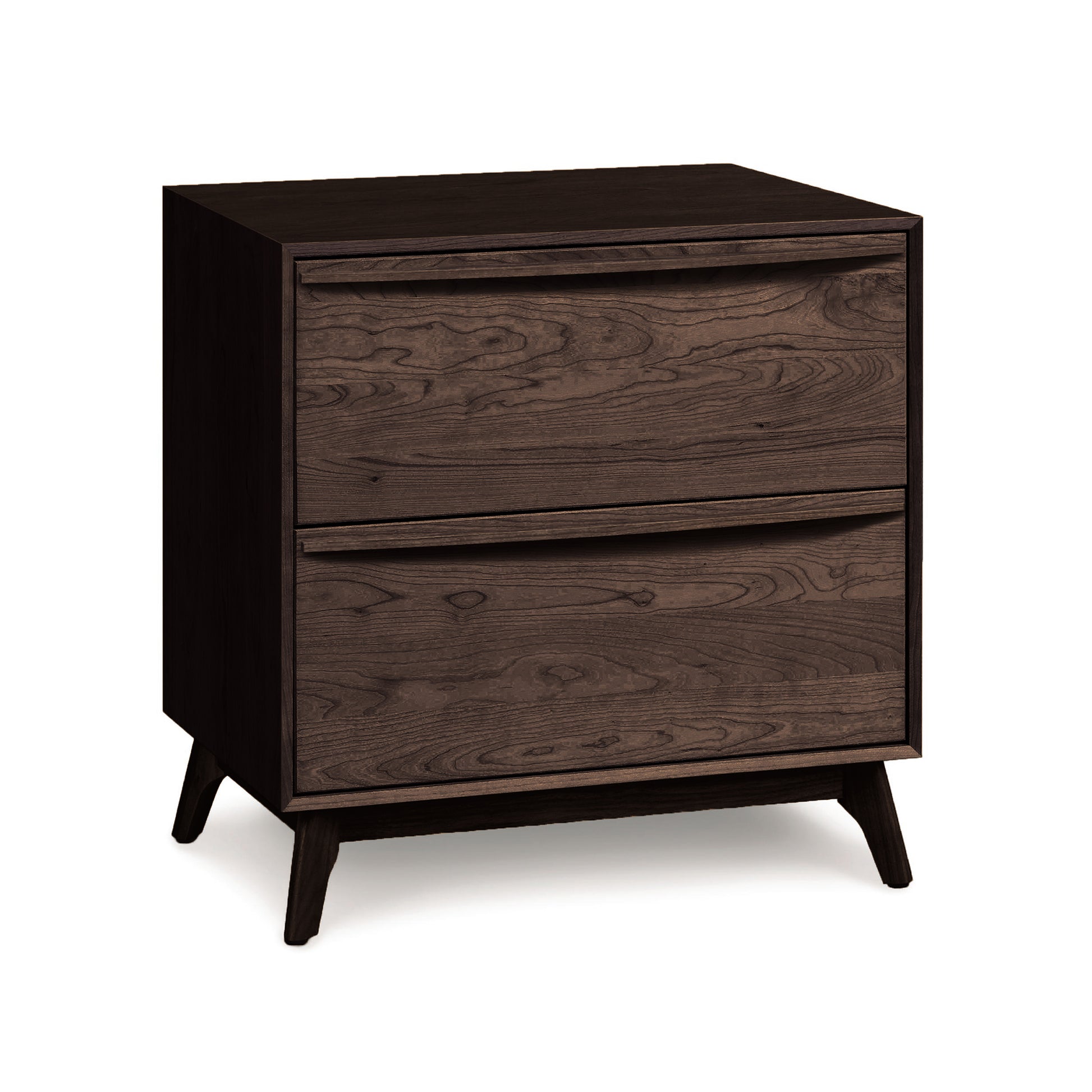 A Copeland Furniture Catalina 2-Drawer Nightstand made from solid natural hardwoods with angled legs isolated on a white background.