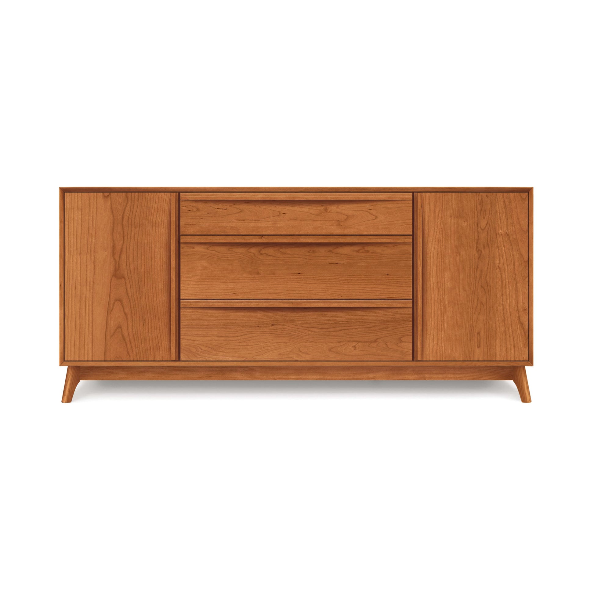 A luxury mid-century modern Catalina 3-Drawers, 2-Door Buffet with sliding doors and tapered legs against a white background. Brand Name: Copeland Furniture.