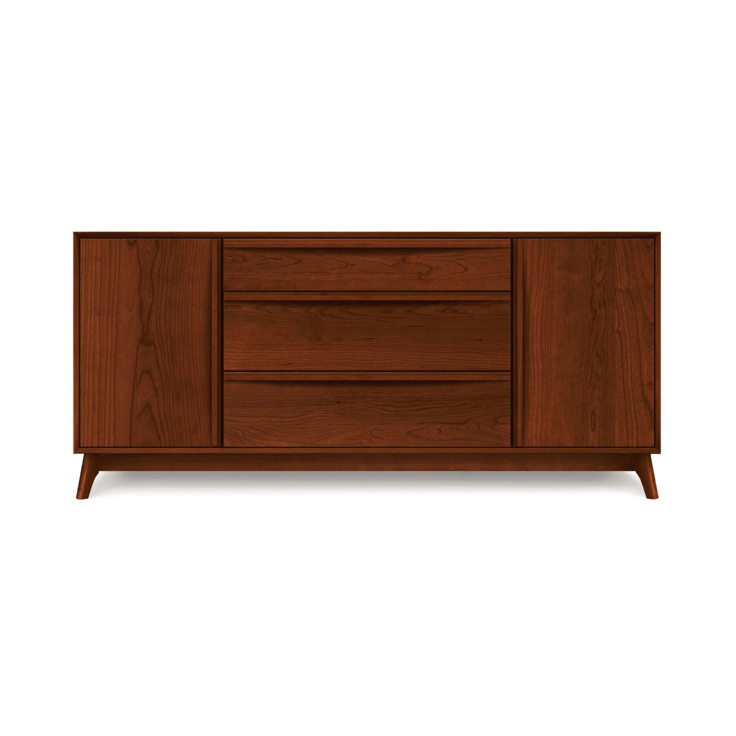 Copeland Catalina Buffet featuring solid wood construction, three drawers, two doors, and signature mid-century tapered legs.