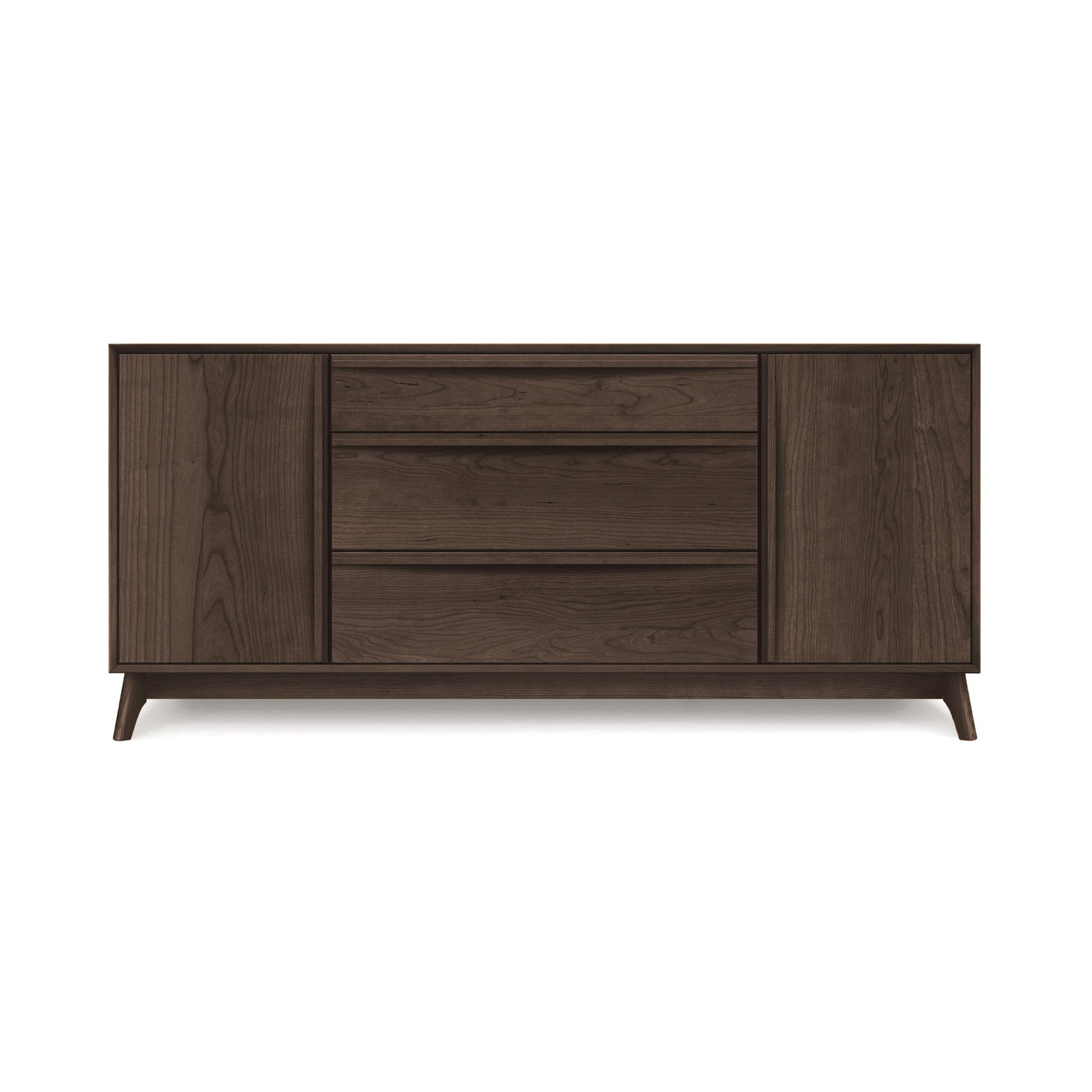 A luxury Copeland Furniture Catalina 3-Drawers, 2-Door Buffet with slanted legs on a white background.