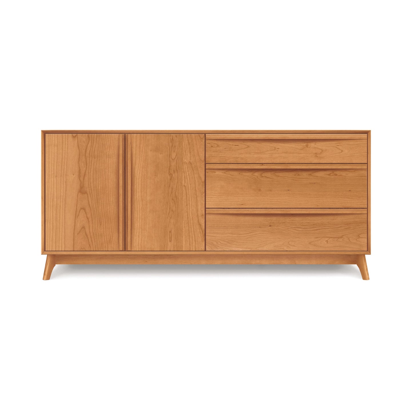 Copeland Catalina Buffet with 3 drawers, 2 doors, and angled legs in a natural finish, showcasing mid-century modern design.