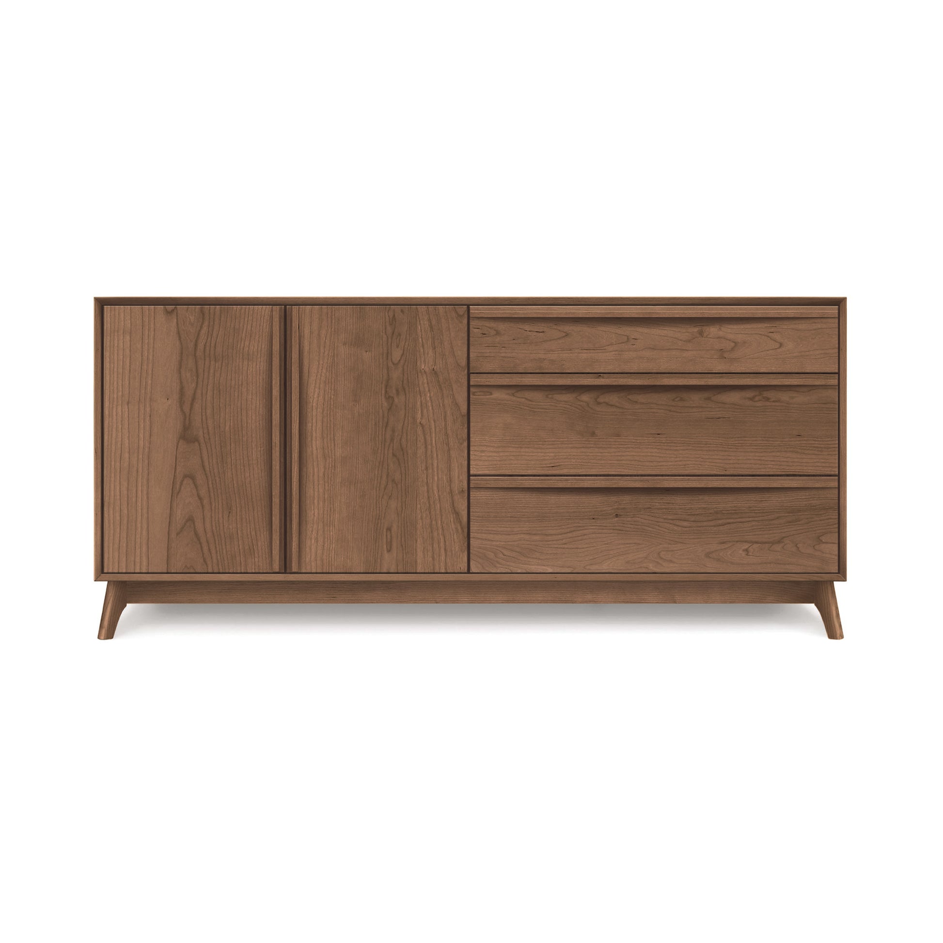 Modern Catalina 3-Drawers, 2-Door Buffet by Copeland Furniture with closed drawers and doors on angled legs, isolated on a white background.