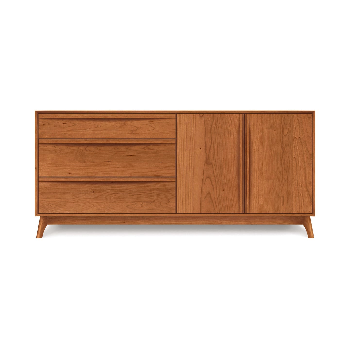 A Catalina 3-Drawers, 2-Door Buffet by Copeland Furniture with drawers on the left and a cabinet section on the right, standing on angled legs with a light background.