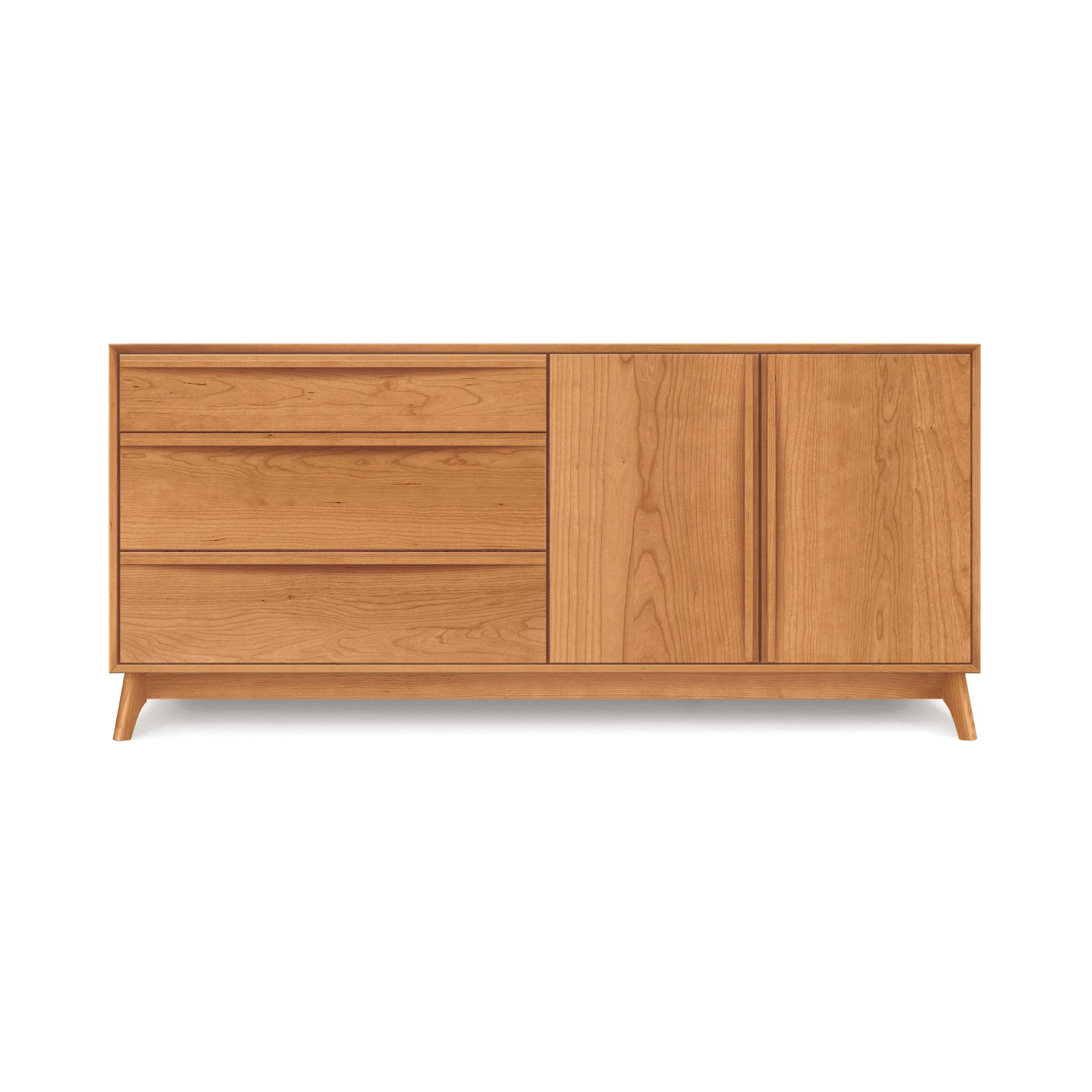 A modern Catalina 3-Drawers, 2-Door Buffet from Copeland Furniture, resting on angled legs, against a white background.