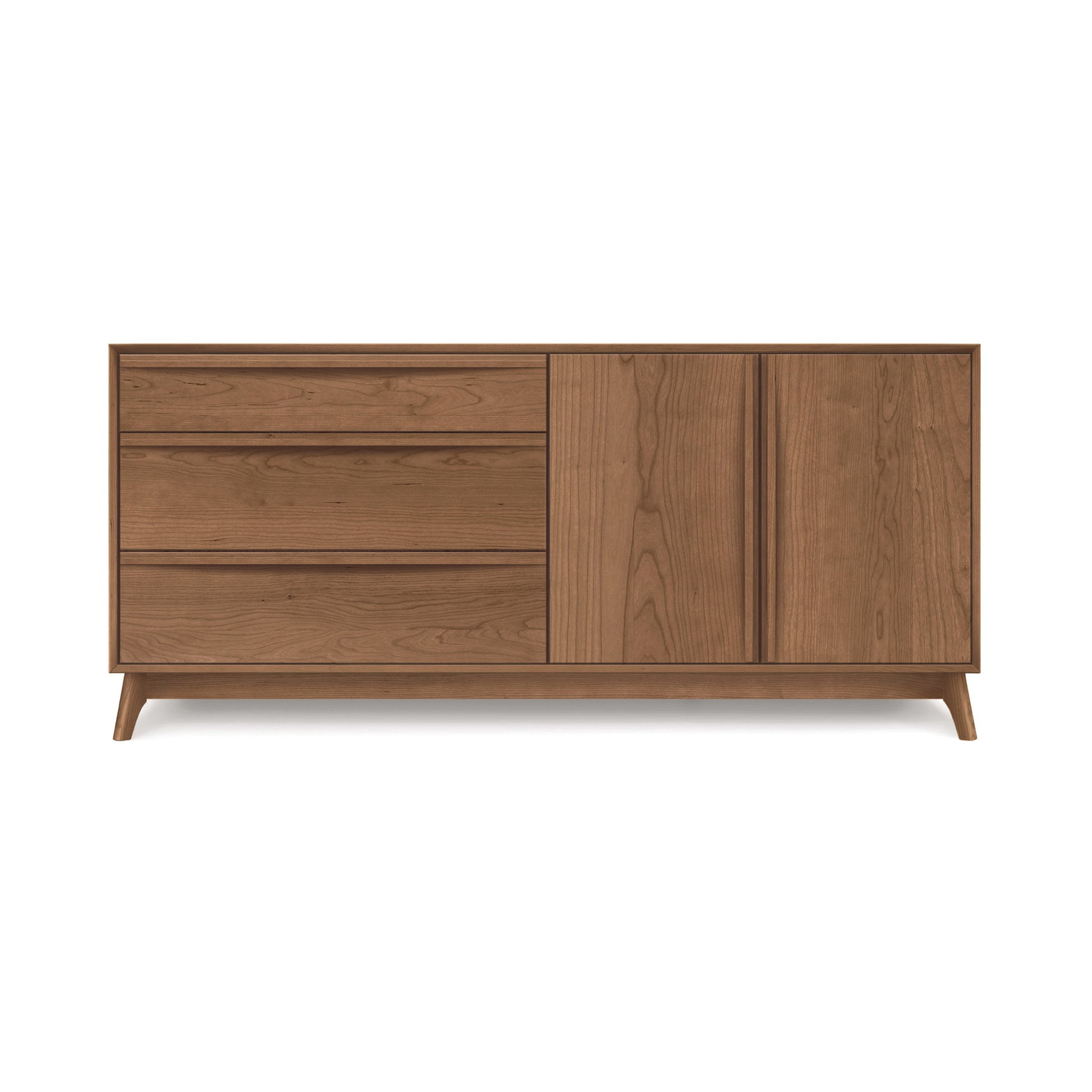 Catalina 3-Drawer, 2-Door Buffet by Copeland Furniture, solid wood in a light brown finish, featuring a mid-century modern design.