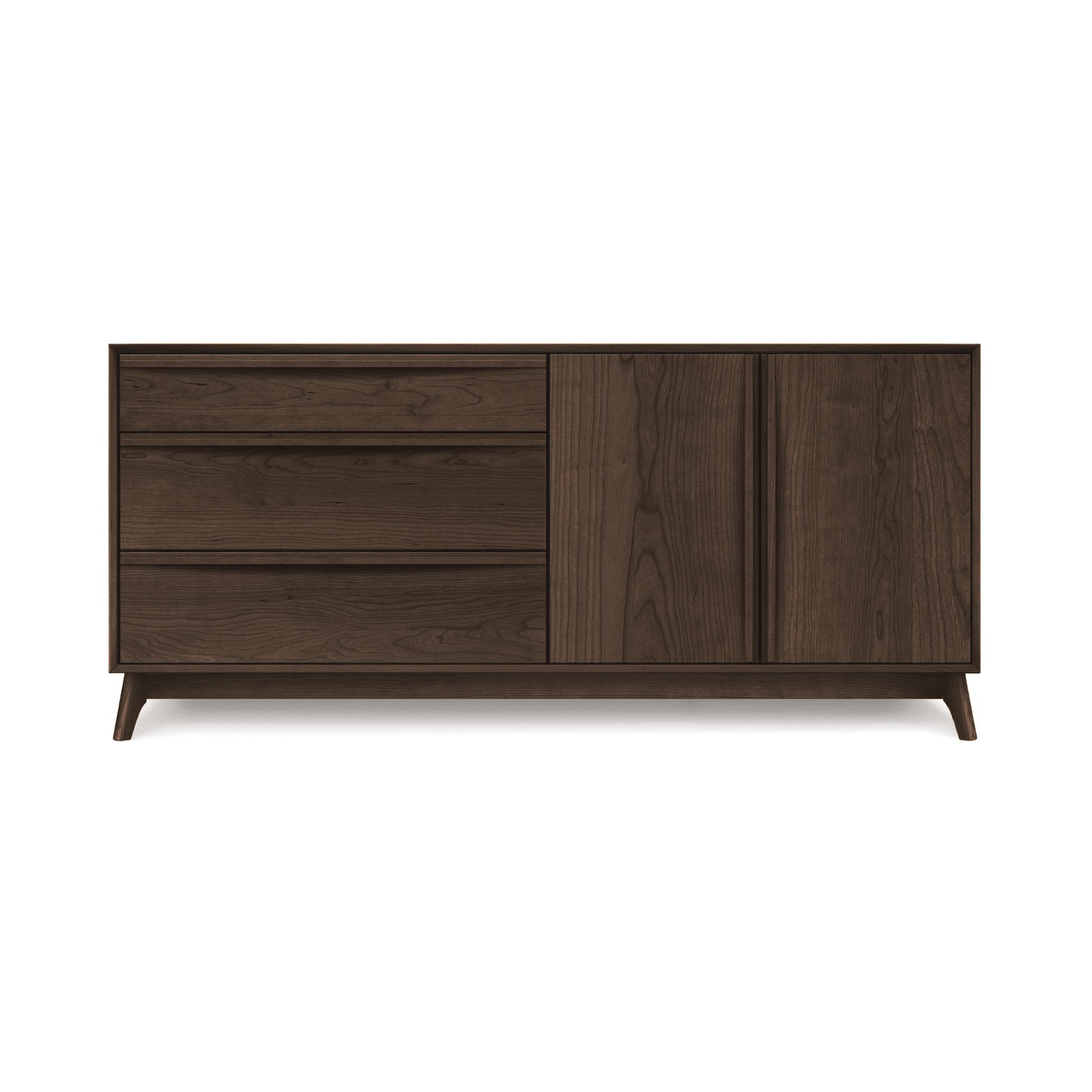 A modern Copeland Furniture Catalina 3-Drawers, 2-Door Buffet with drawers on the left and a cupboard on the right, standing on angled legs against a white background.