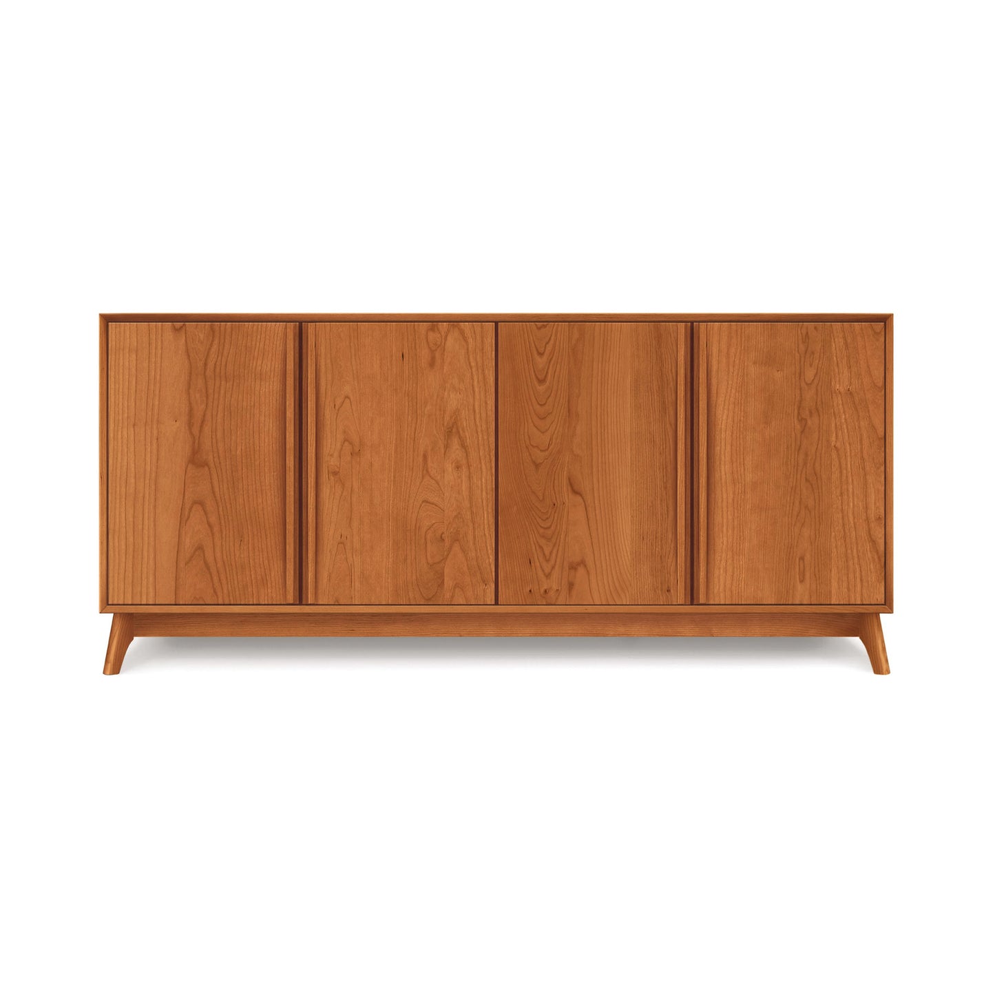 Catalina 4-Door Buffet by Copeland Furniture, showcasing sleek solid wood design with four doors and angled legs, perfect for elegant dining room storage.