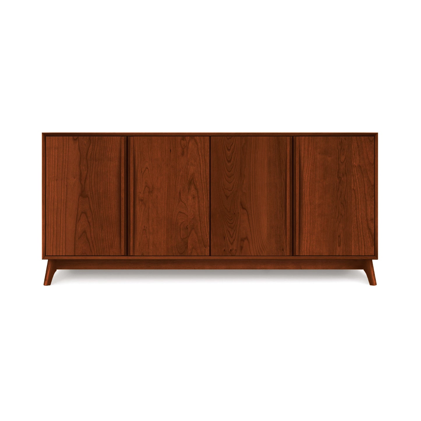 A luxury wooden sideboard with closed doors, standing on angled legs, isolated on a white background - Catalina 4-Door Buffet by Copeland Furniture.
