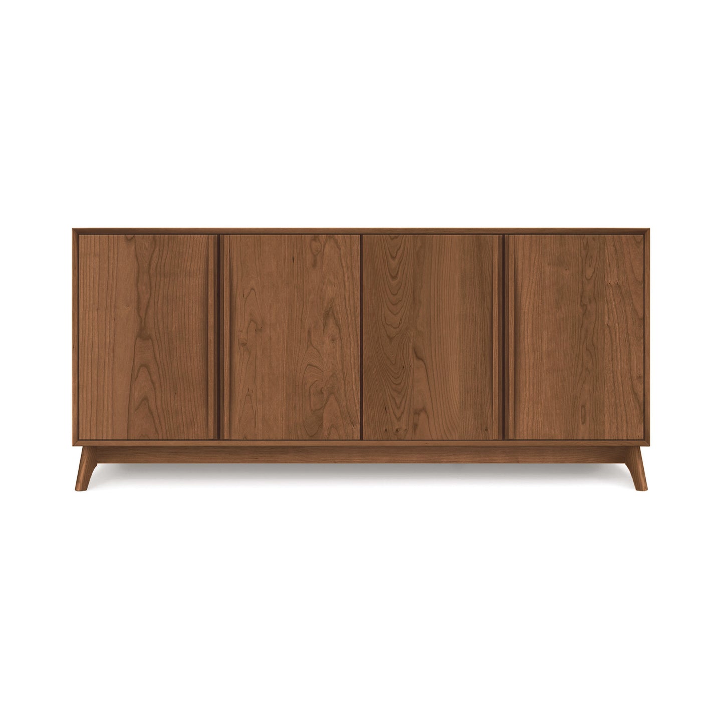 A luxury modern wooden Catalina 4-Door Buffet with closed doors and angled legs against a white background by Copeland Furniture.