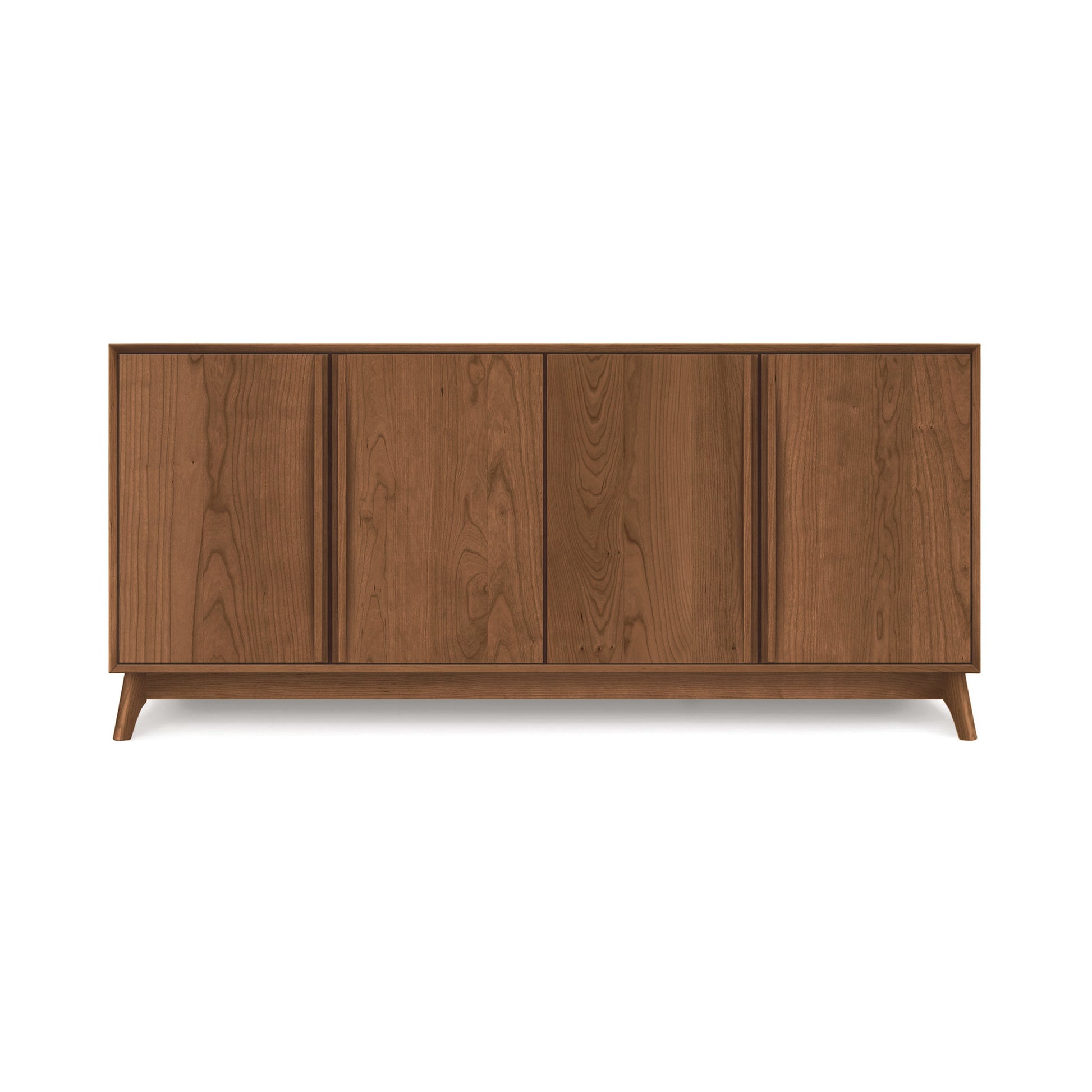 Catalina 4-Door Buffet by Copeland Furniture showcasing a sleek mid-century modern design with a smooth wood finish and tapered legs.
