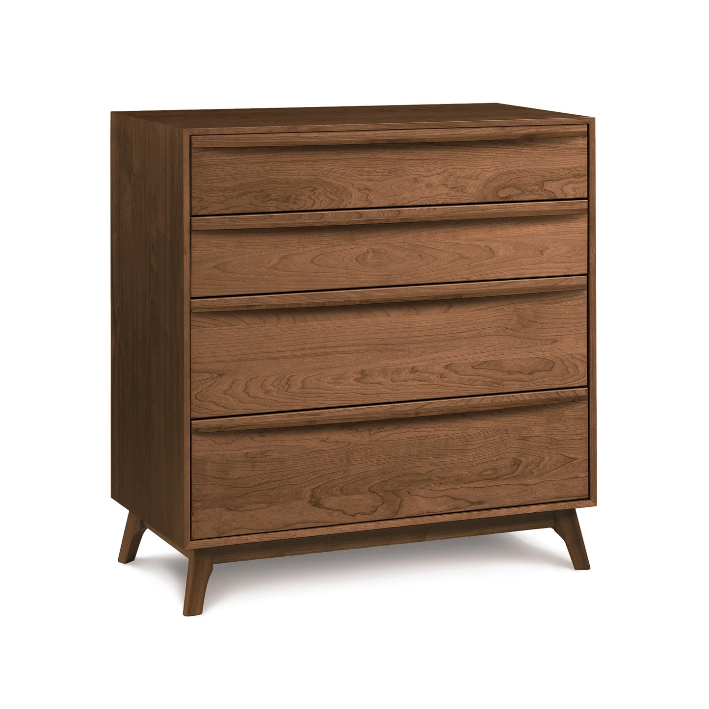 Catalina 4-Drawer Chest by Copeland Furniture showcases mid-century modern style with its angled legs and smooth natural finish.