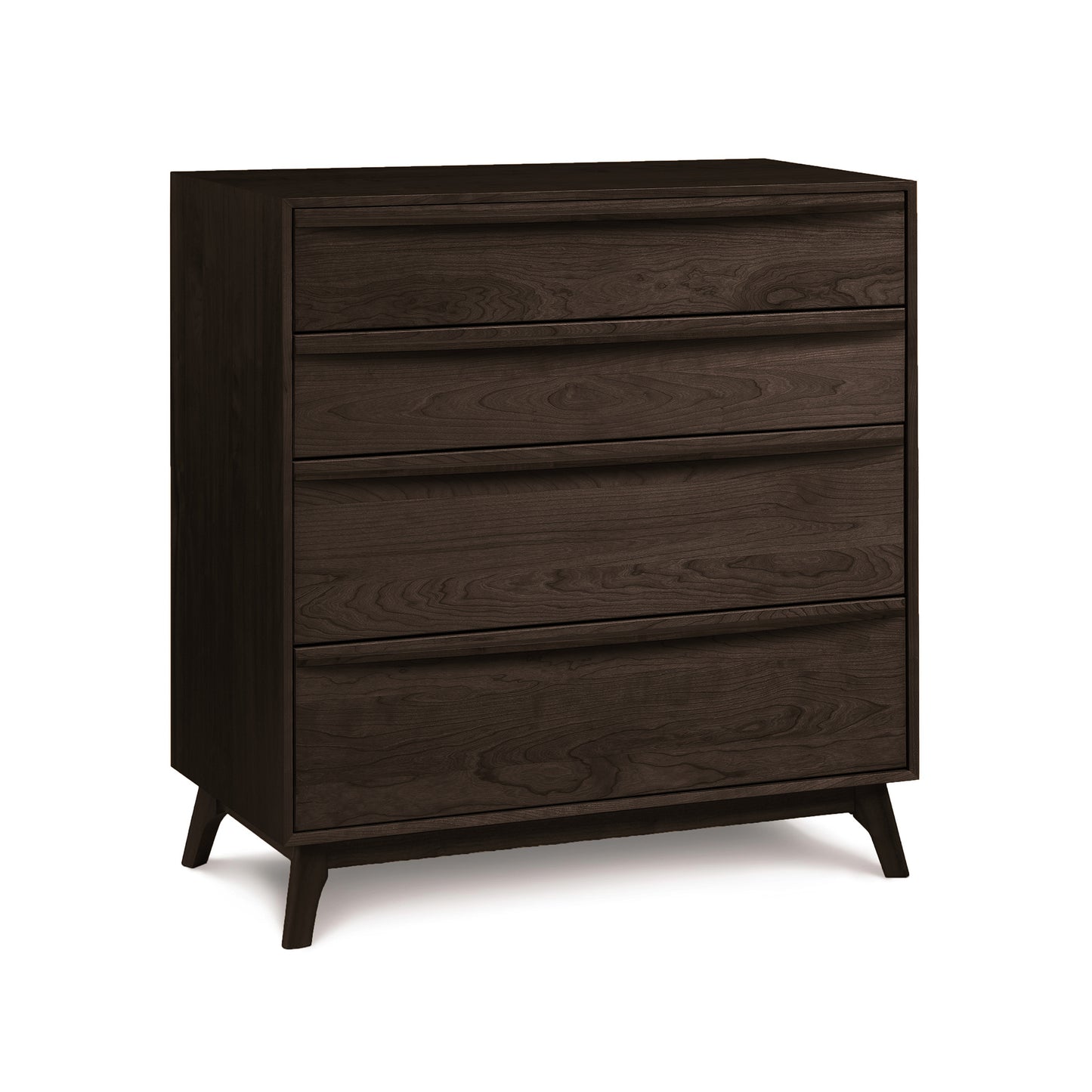 Catalina 4-Drawer Chest by Copeland Furniture with four drawers and angled legs, showcasing a modern design.