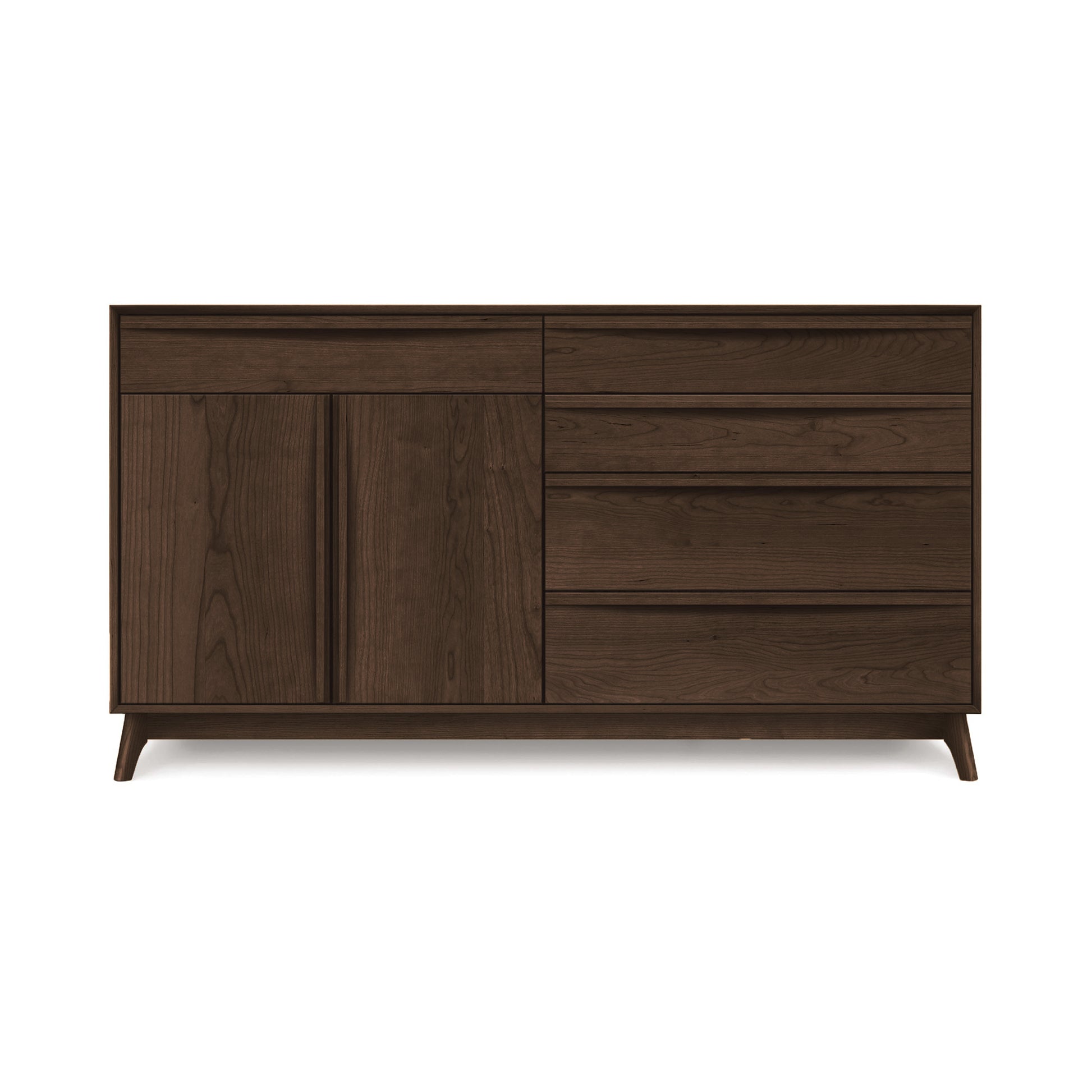 Copeland Furniture Catalina buffet with five drawers and two doors, showcasing a dark brown mid-century modern design and signature angled legs.