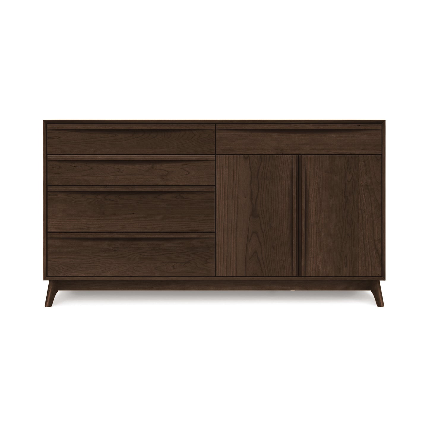 Catalina 5-Drawer, 2-Door Buffet by Copeland Furniture in dark brown wood, featuring mid-century modern design with ample storage drawers and cabinets.
