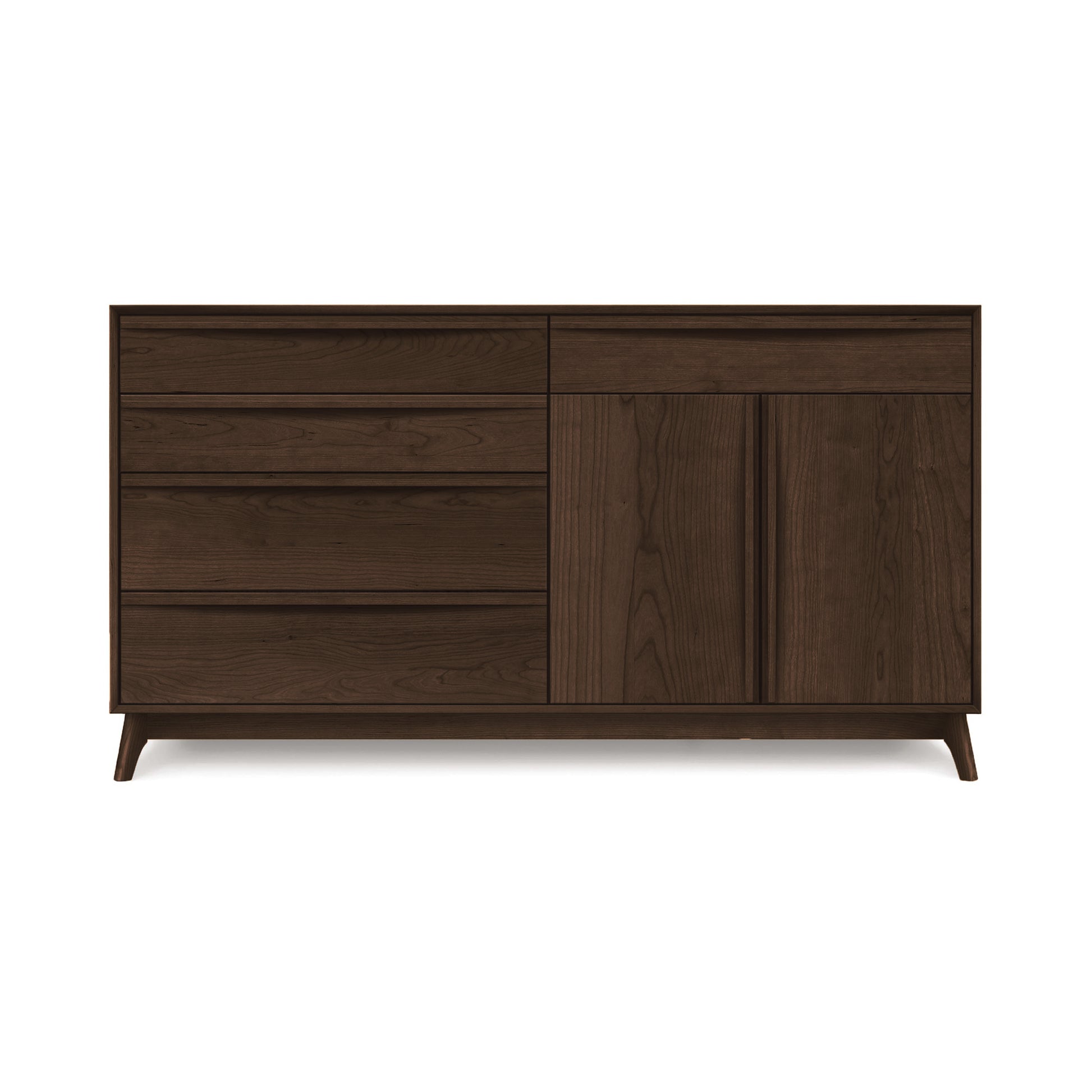 Catalina 5-Drawer, 2-Door Buffet by Copeland Furniture in dark brown wood, featuring mid-century modern design with ample storage drawers and cabinets.