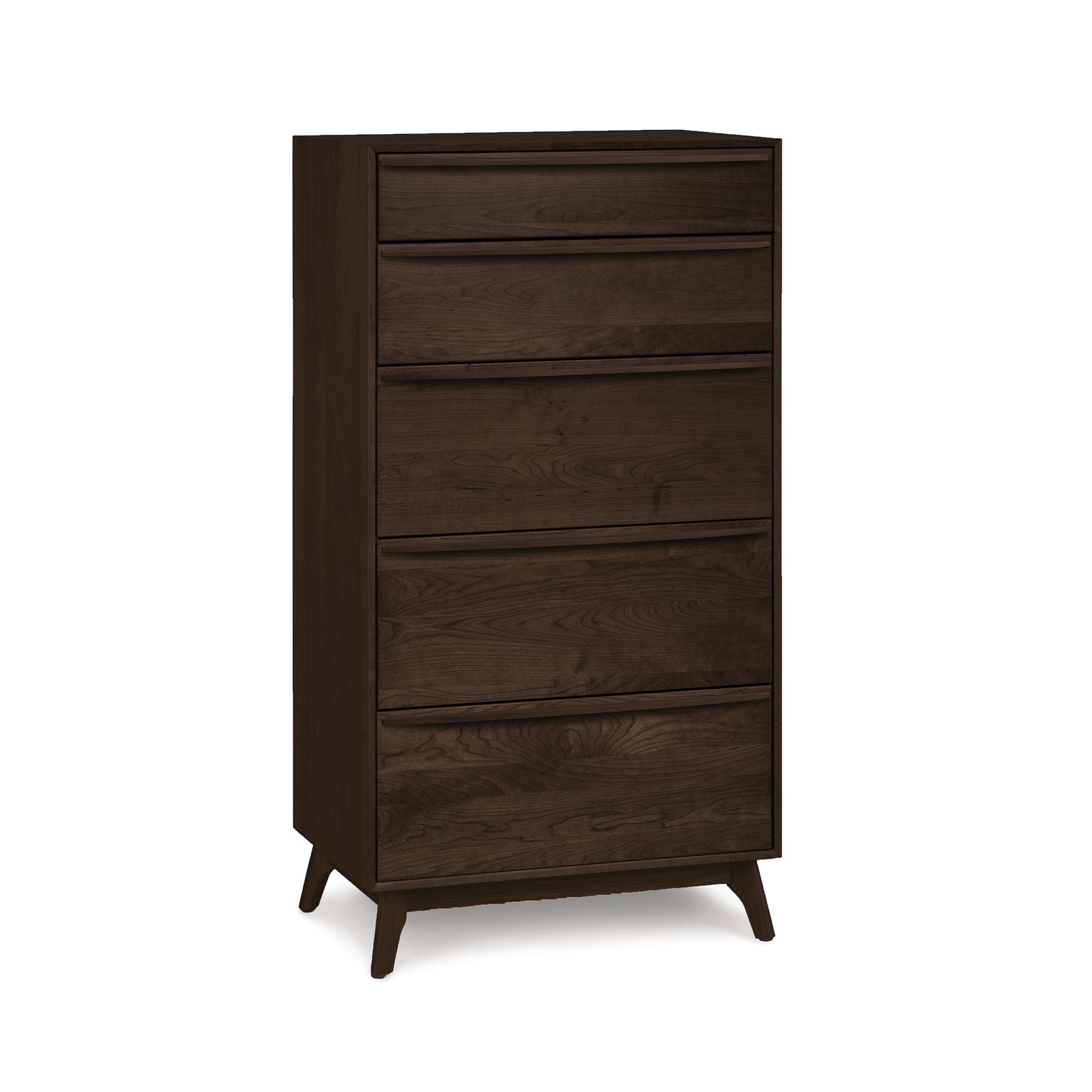 Catalina 5-Drawer Chest by Copeland Furniture features a sleek design in dark brown with tapered legs and solid sustainable wood.