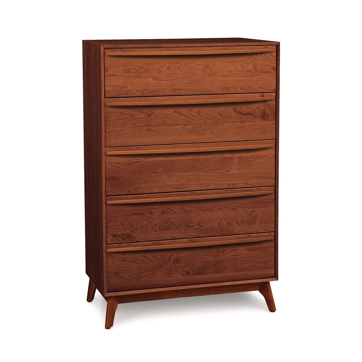 Catalina 5-Drawer Wide Chest, handcrafted by Copeland Furniture, featuring a mid-century modern design with angled legs and a rich dark brown finish.