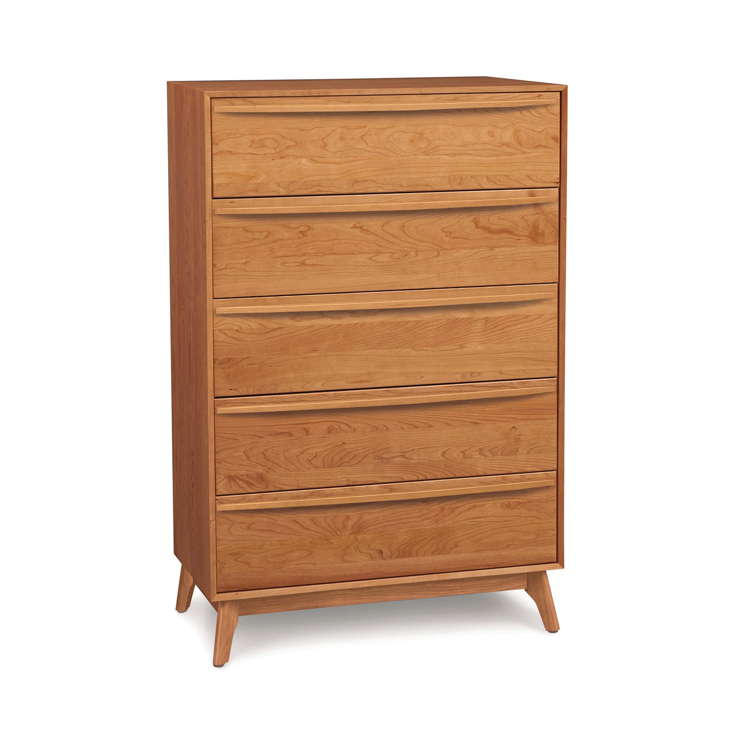 Catalina 5-Drawer Wide Chest by Copeland Furniture, featuring a light finish and distinctive angled legs in mid-century modern design.