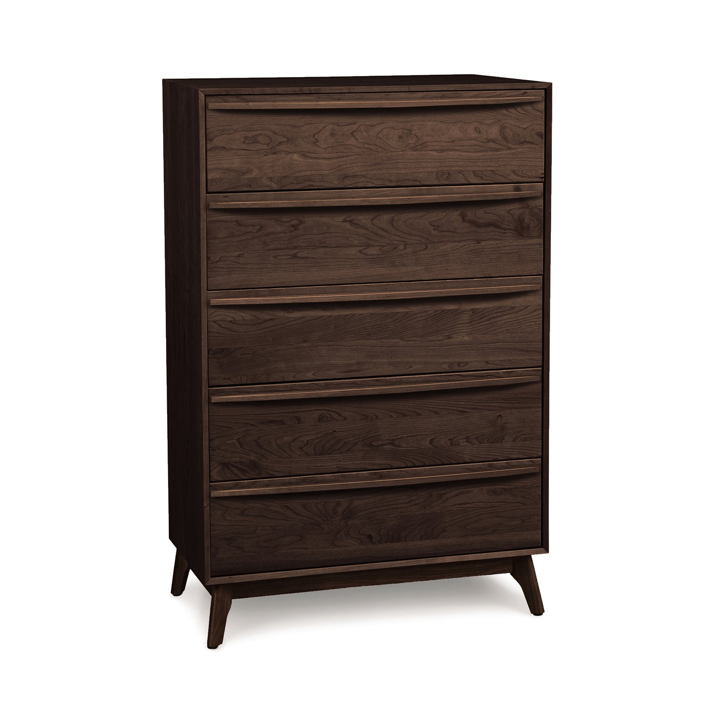 Catalina 5-Drawer Wide Chest by Copeland Furniture, showcasing dark mid-century modern design with angled legs and crafted from sustainable wood.