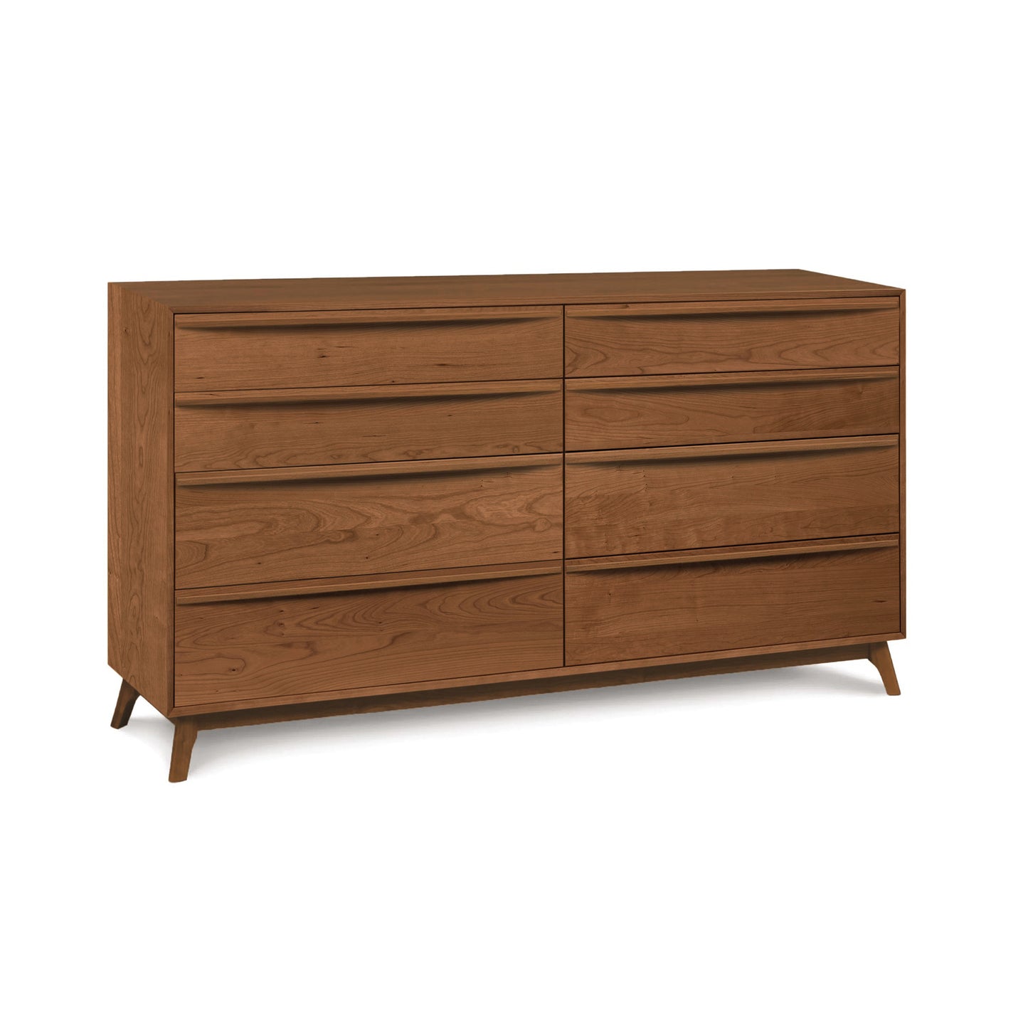 A mid-century modern eight-drawer dresser with angled legs and horizontal drawer pulls on a white background, part of the Copeland Furniture Catalina furniture collection.