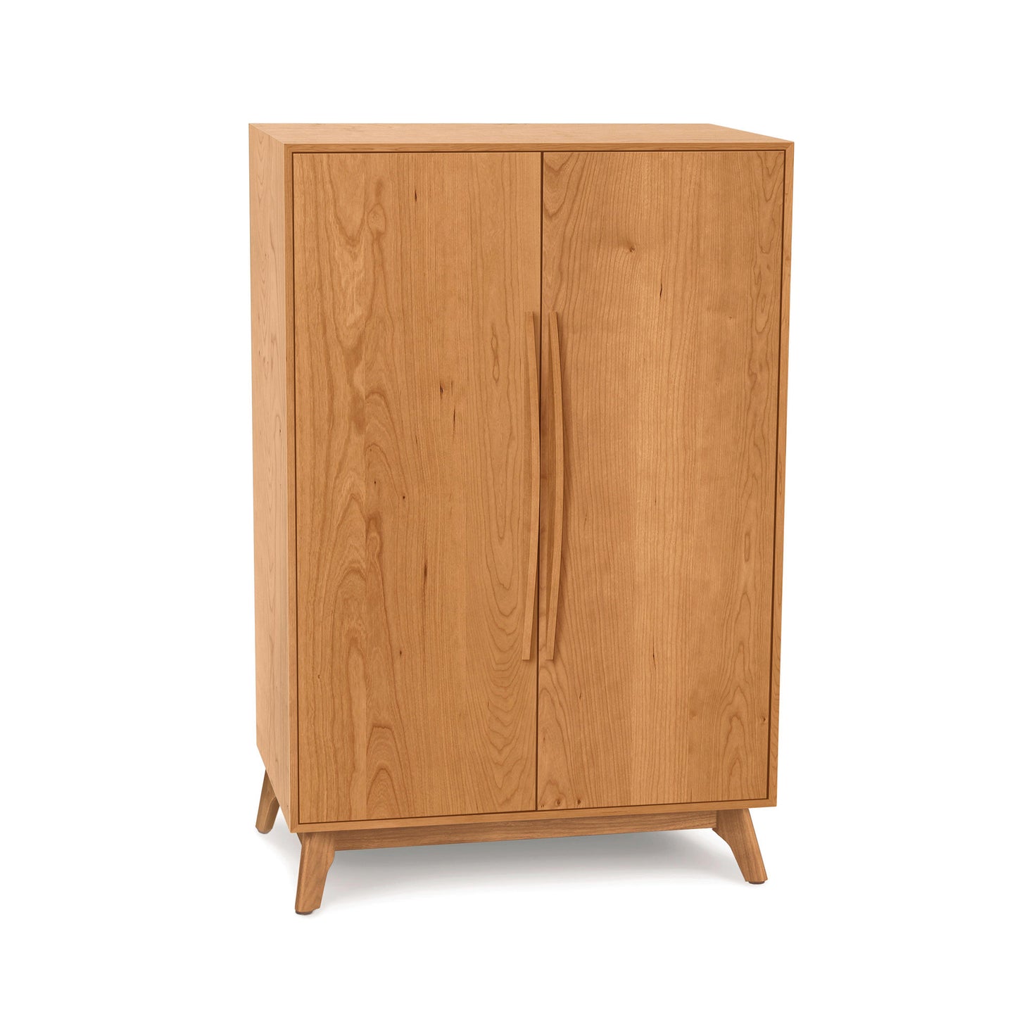 Catalina Bar Cabinet by Copeland Furniture in natural wood, showcasing hardwood construction, two doors, wine storage, and signature angled legs.