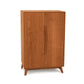 A Copeland Furniture Catalina Bar Cabinet with a simple design and two doors, standing against a white background, offers elegant wine storage.