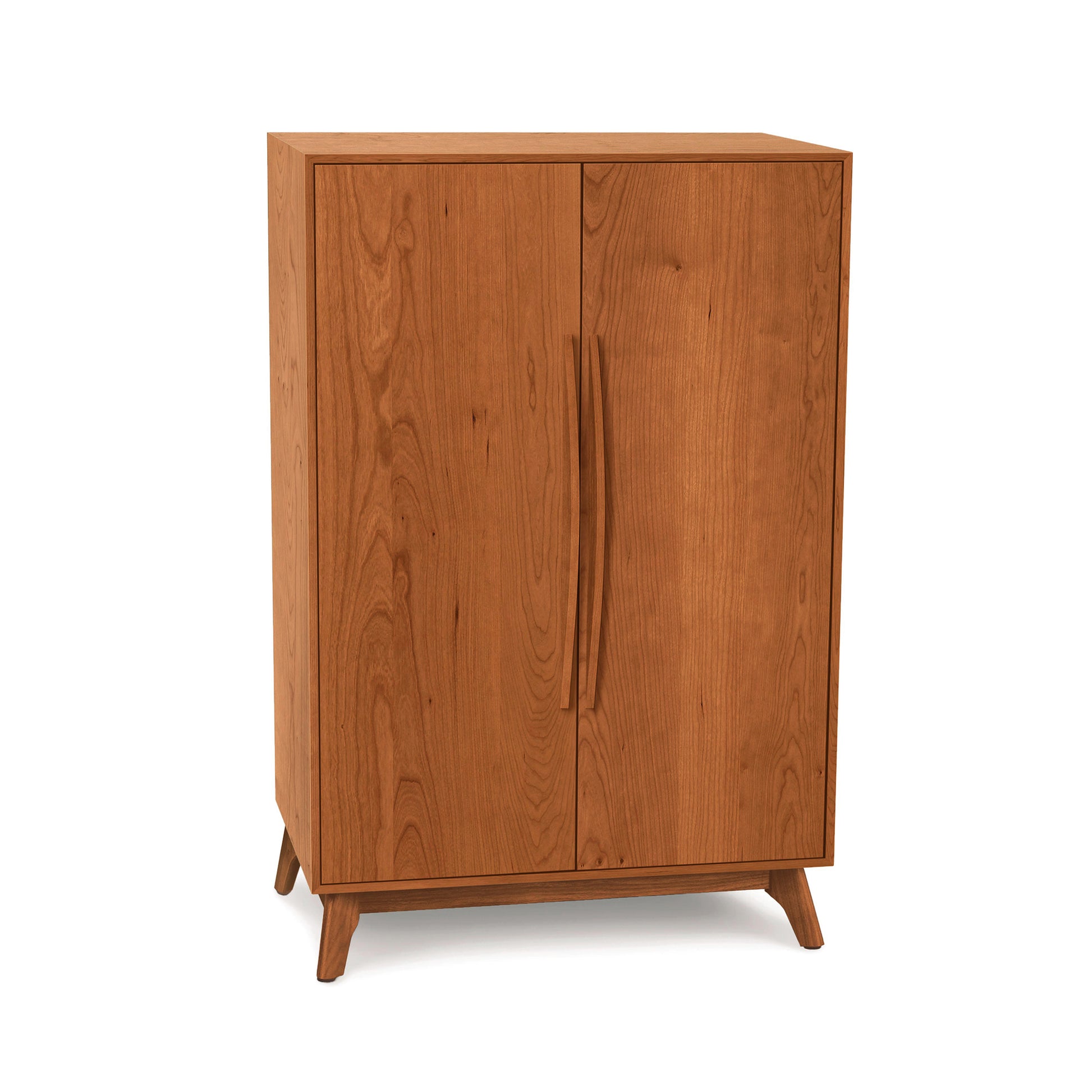 A Copeland Furniture Catalina Bar Cabinet with a simple design and two doors, standing against a white background, offers elegant wine storage.