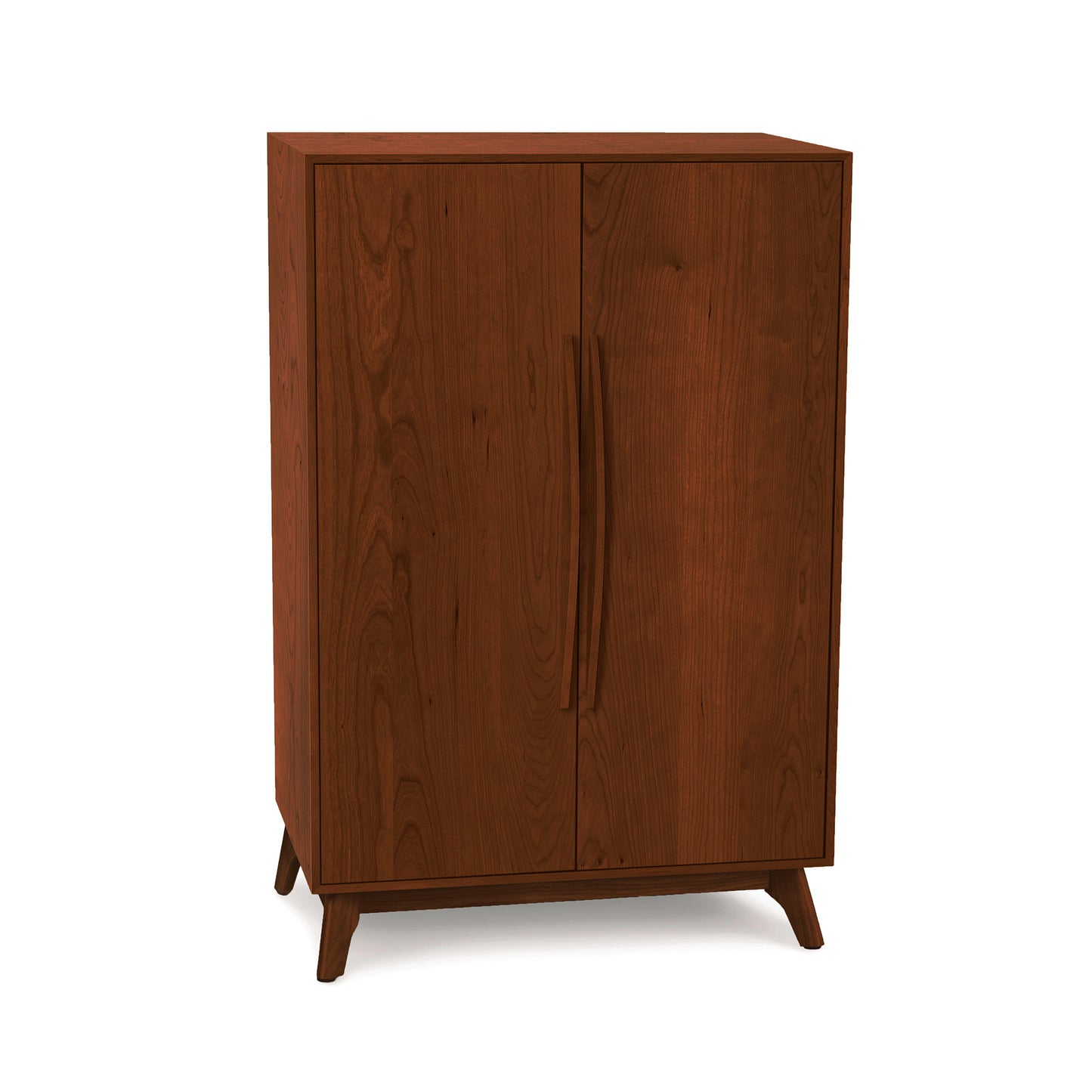 A Copeland Furniture Catalina Bar Cabinet designed for wine storage, with closed double doors, standing on angled legs, isolated against a white background.