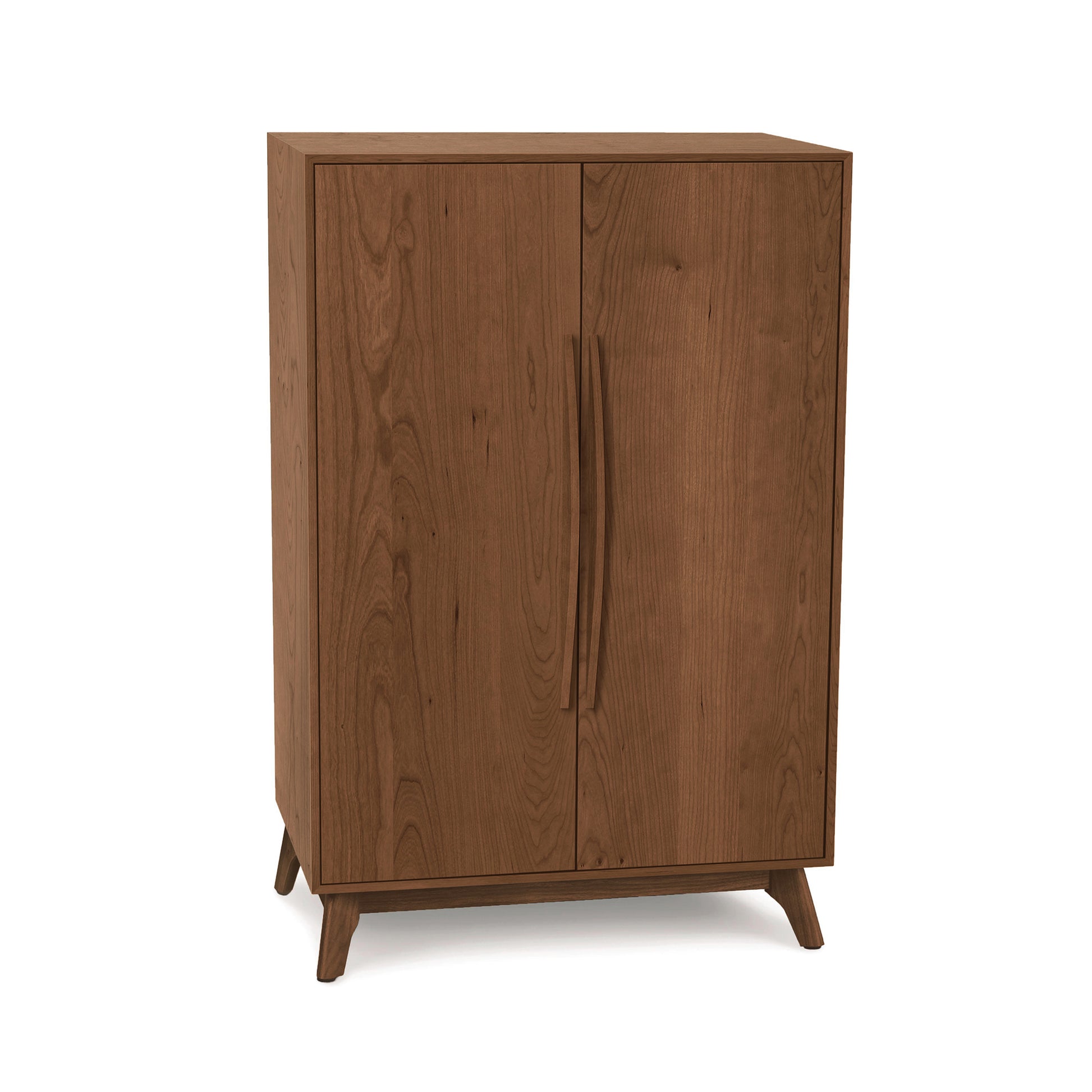 Catalina Bar Cabinet by Copeland Furniture featuring rich hardwood construction, wine storage, tapered legs, and vertical door handles.