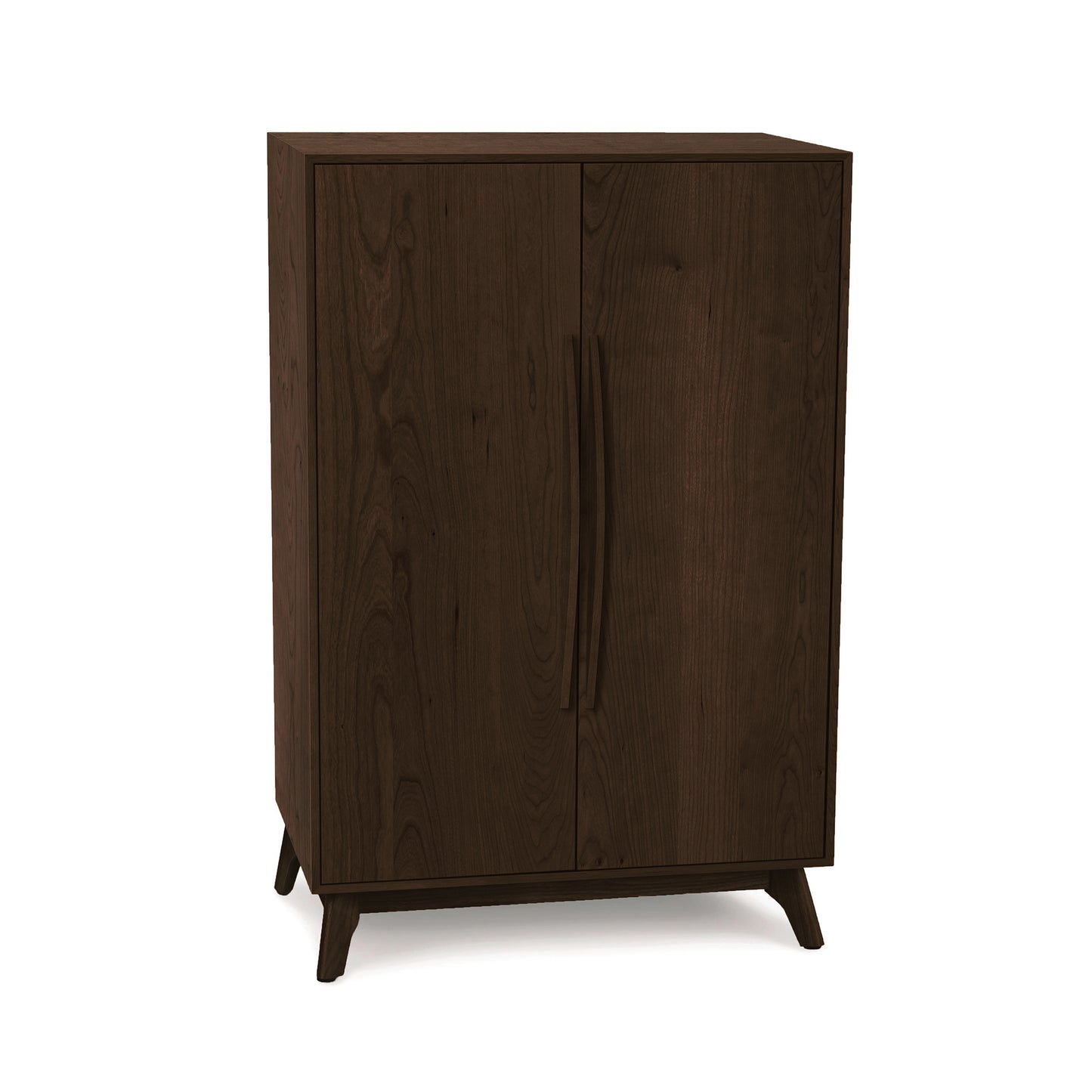 Catalina Bar Cabinet by Copeland Furniture, dark brown wood, handcrafted with wine storage, two doors, and four angled legs.