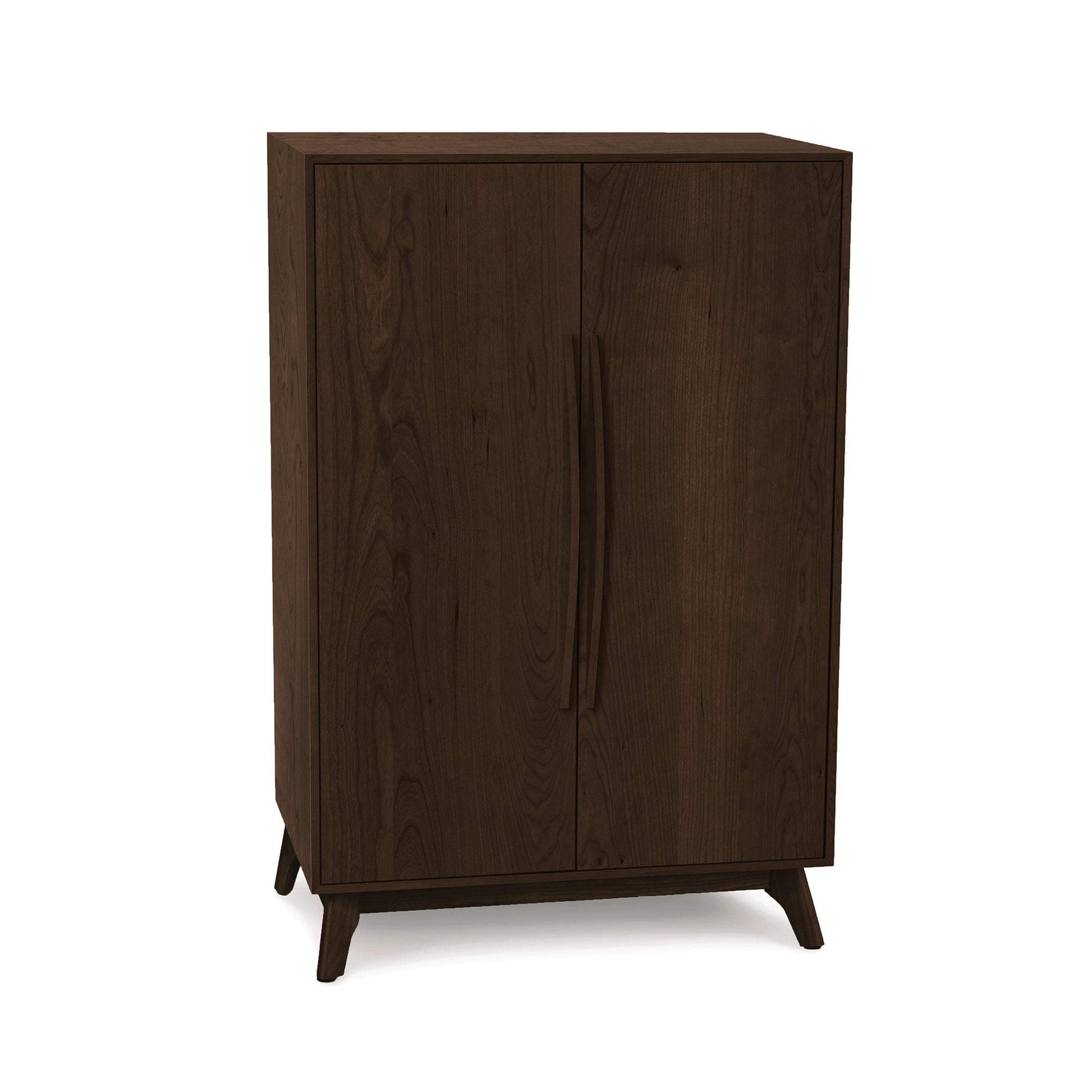 Catalina Bar Cabinet by Copeland Furniture, dark brown wood, handcrafted with wine storage, two doors, and four angled legs.
