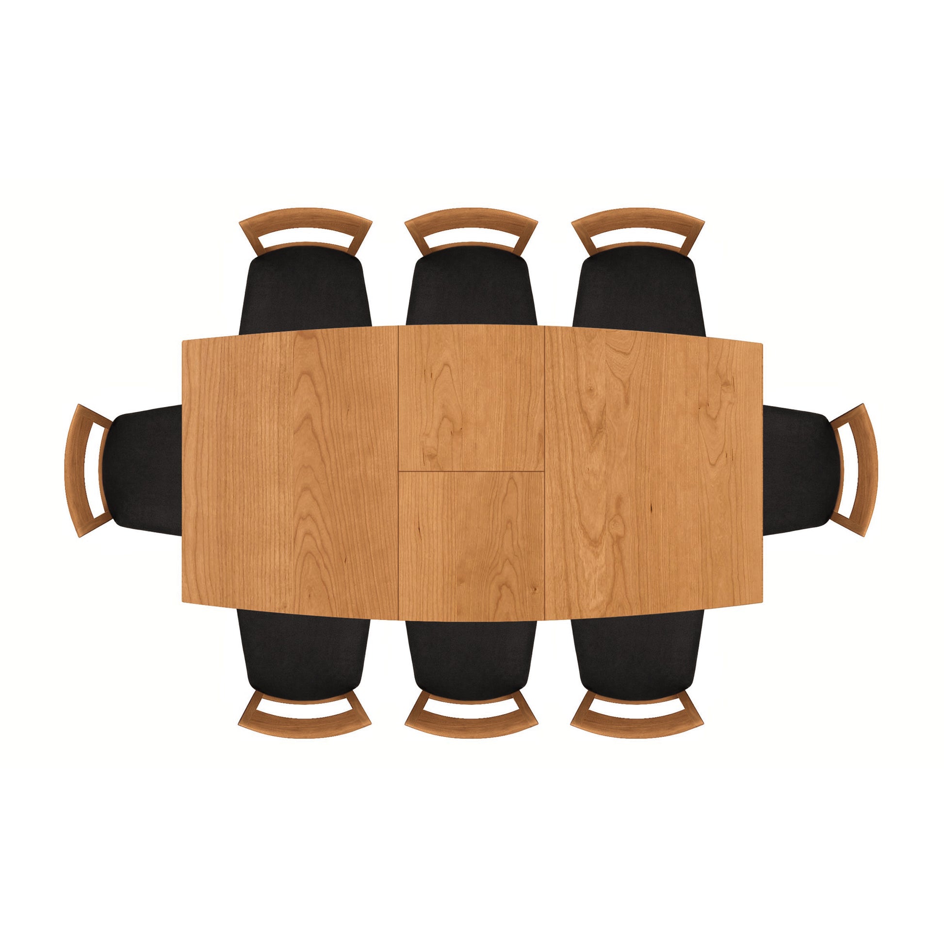 Catalina Extension Table by Copeland Furniture in solid wood, paired with six black dining chairs, viewed from above.