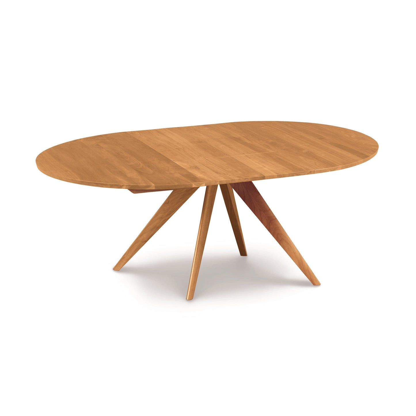 A wooden oval table with three legs on a white background.