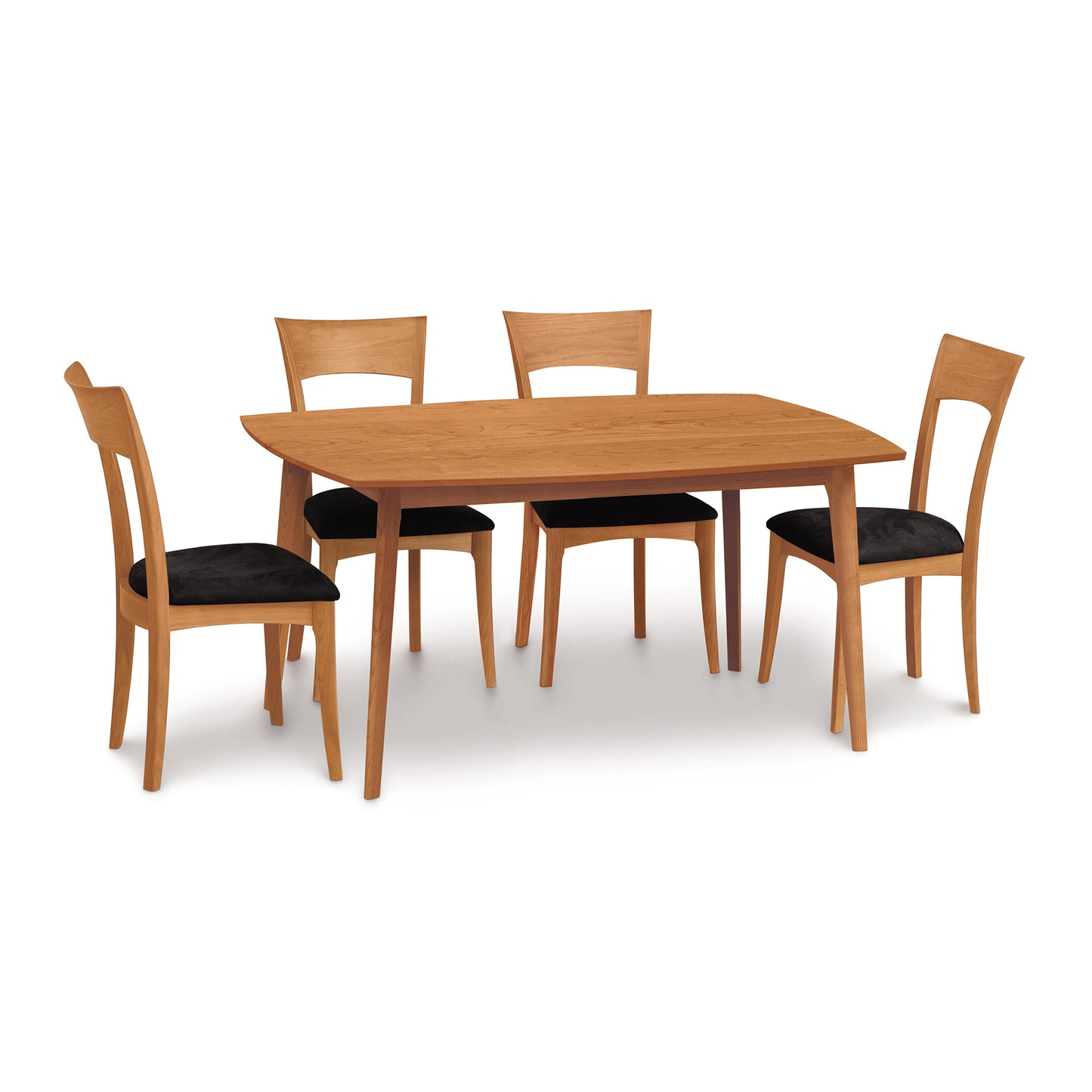 A Catalina Solid-Top Table from Copeland Furniture, with four chairs featuring black cushions, isolated on a white background.