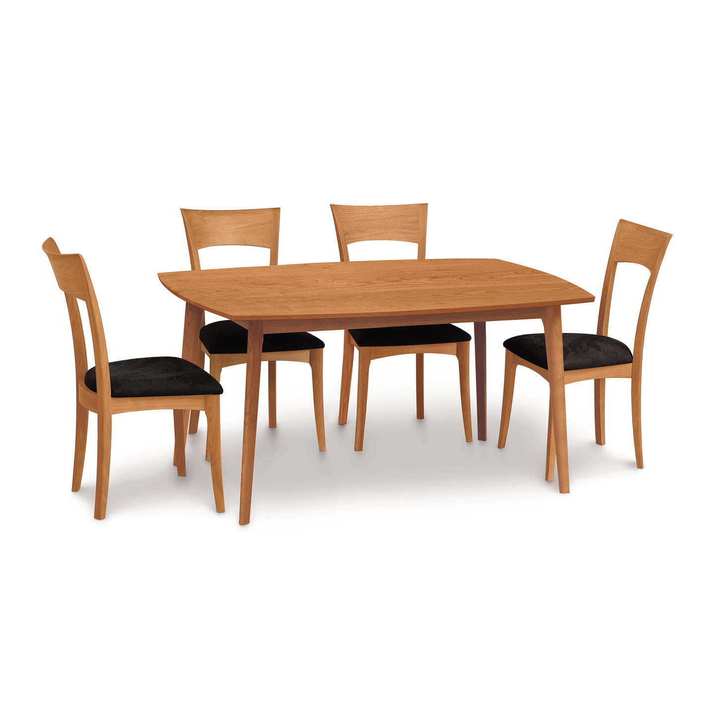 Copeland Catalina solid-top dining table with four black-cushioned hardwood chairs, expertly crafted from sustainably sourced wood.