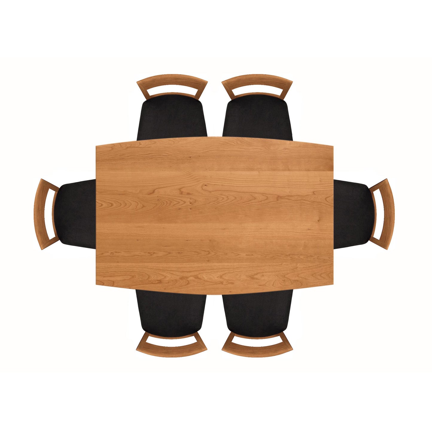 Catalina solid-top dining table with four black cushioned chairs, handcrafted from sustainable hardwoods, viewed from above.