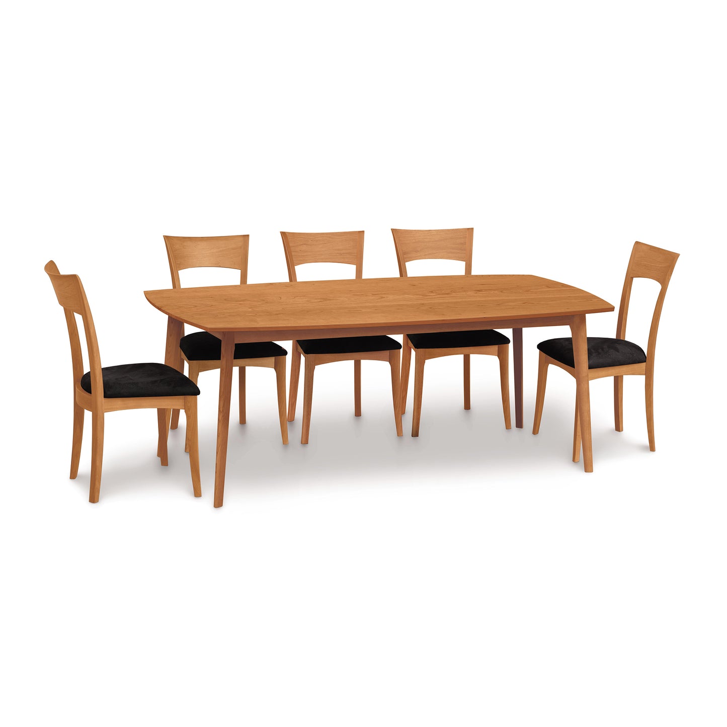 A Catalina Solid-Top Table dining set with six chairs on a white background, crafted from sustainably-sourced hardwoods by Copeland Furniture.