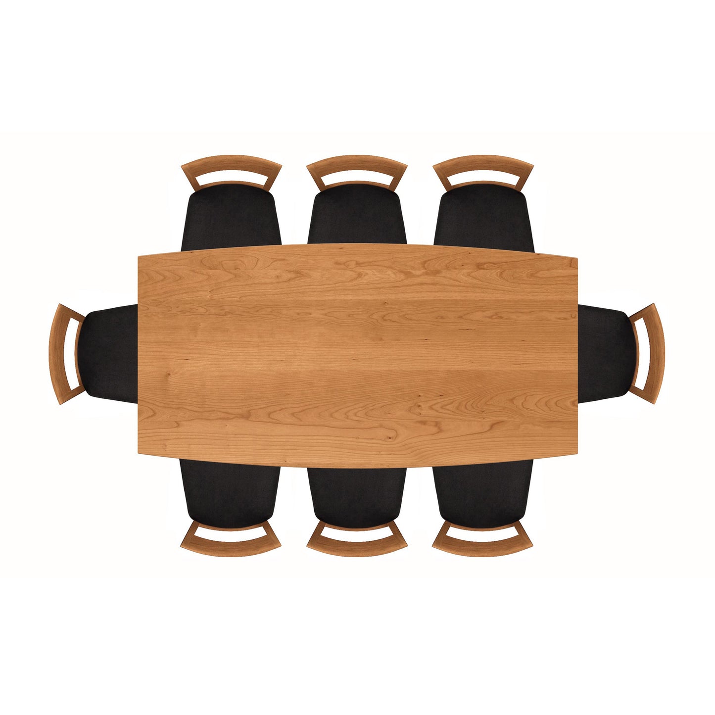 Top view of the Catalina Solid-Top Table by Copeland Furniture with six black cushioned hardwood chairs, highlighting artisan craftsmanship and quality materials.